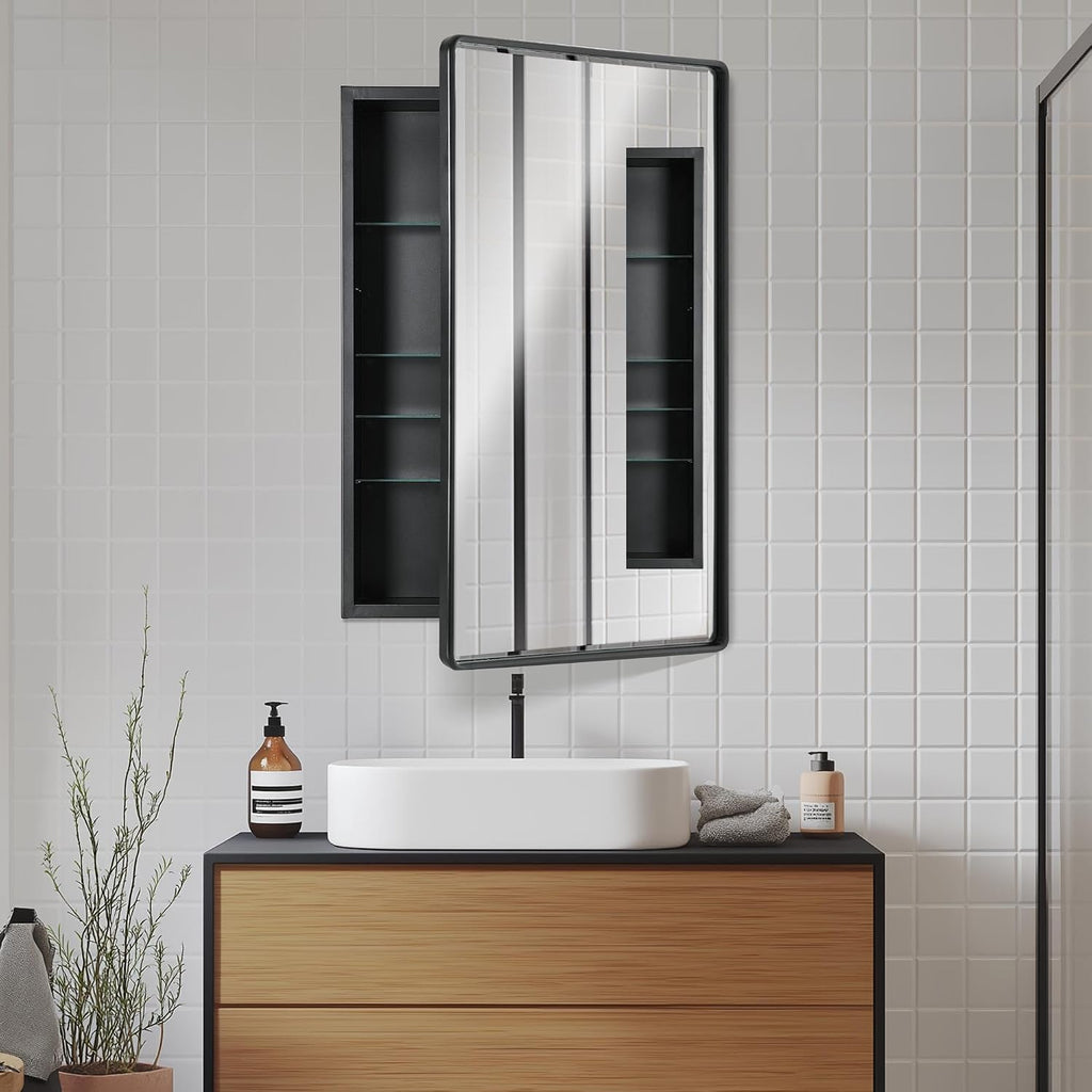 Head West Black Metal Medicine Cabinet Beveled Mirror, Bathroom Wall Mount Storage Organizer with Glass Shelves - 21' x 34'