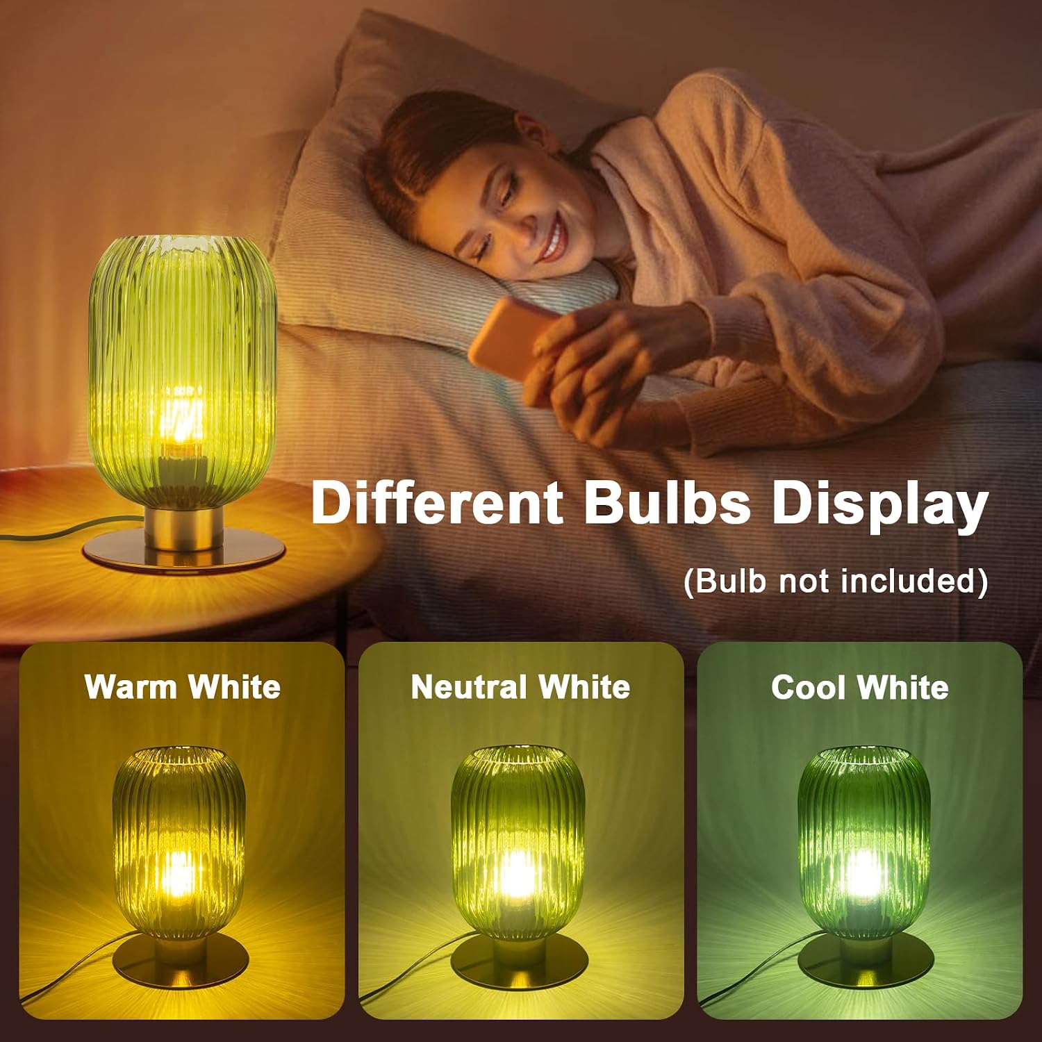 Bedside Table Lamps Set of 2, Small Glass Table Lamp Green Bedside Lamp with Brass Metal Base, Mid Century Table Lamp Gold Nightstand Lamp End Table Lamps for Bedroom Living Room Office