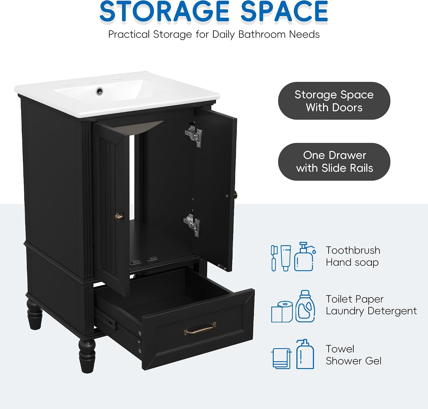 20-Inch Modern Black Bathroom Vanity with Ceramic Sink, 2-Door Cabinet & Drawer – Space-Saving Design with Magnetic Door Stopper & Adjustable Feet