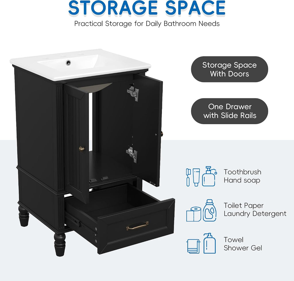 20' Bathroom Vanity With Sink Farmhouse MDF Fixture Stand Pedestal Bathroom Cabinet With Two Doors & A Drawer Magnetic Door Stopper Adiustable Foot Pads Freestanding Storage Cabinet For Bathroom Black