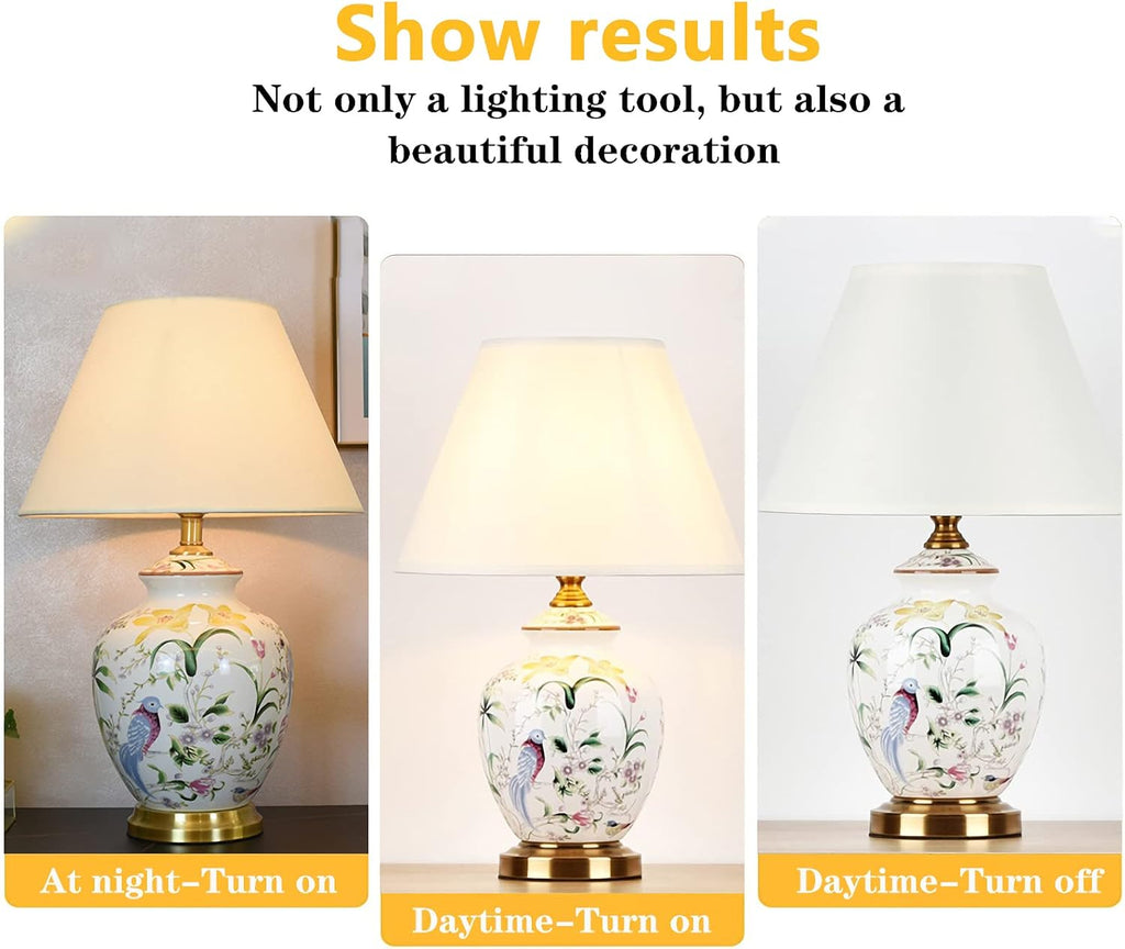 Chinoiserie Ceramic LED Table Lamp, American Flower&Bird Bedside Lamp, Classic White Fabric Lampshade Desk Nightstand Lamp for Bedroom Living Room Office College Bookcase