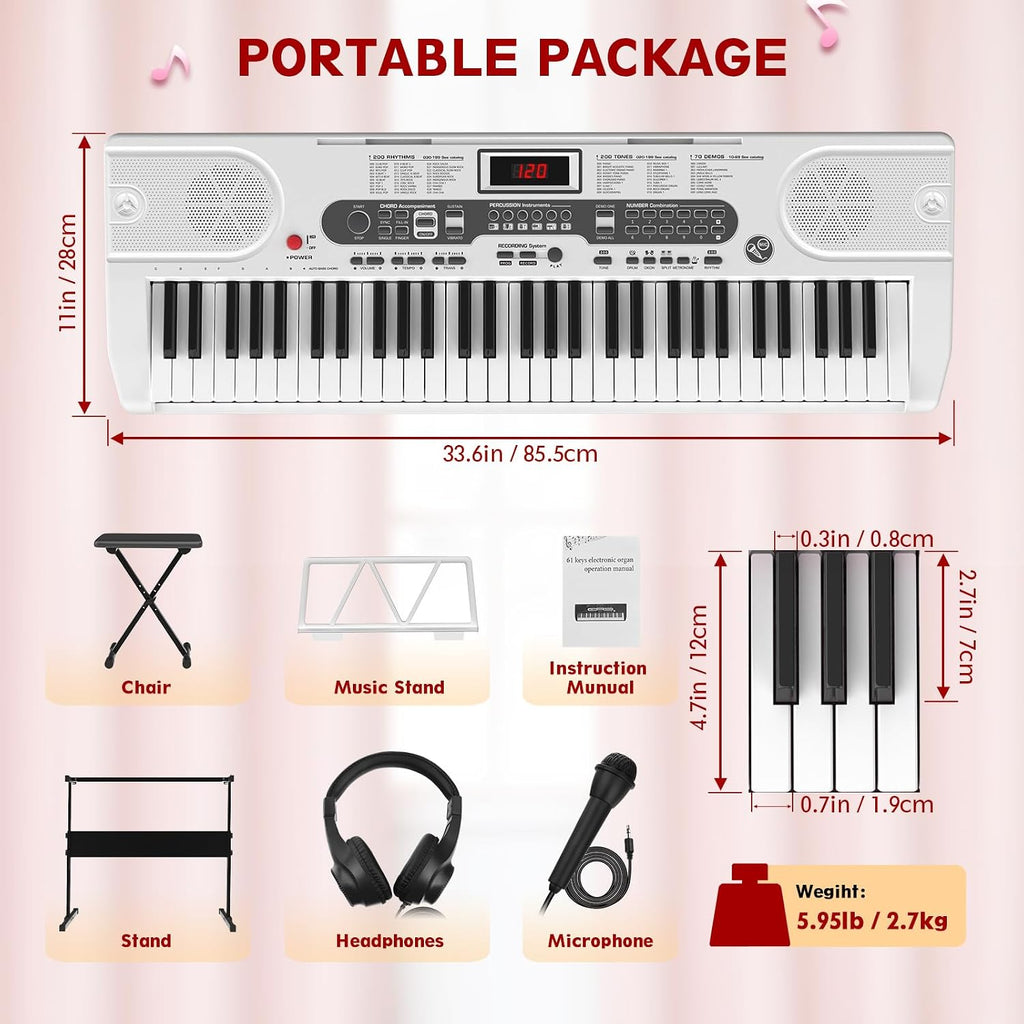 Fenbeli 61 Key Keyboard Piano for Beginners, Electric Piano Keyboard with Stand and Bench, Microphone, Headphone, Sheet Music Stand, LED Screen, 200 Tones, Teaching Mode, Holiday Gift