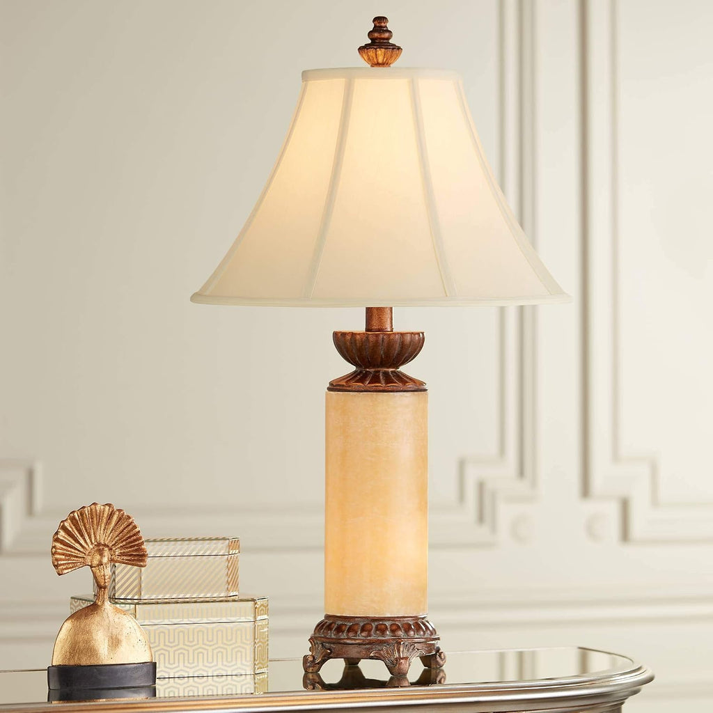 Barnes and Ivy Traditional Asian Table Lamps 28.5' Tall Set of 2 Natural Onyx Stone Dark Bronze Brown Off White Bell Shade Decor for Living Room Bedroom House Bedside Nightstand Home Office