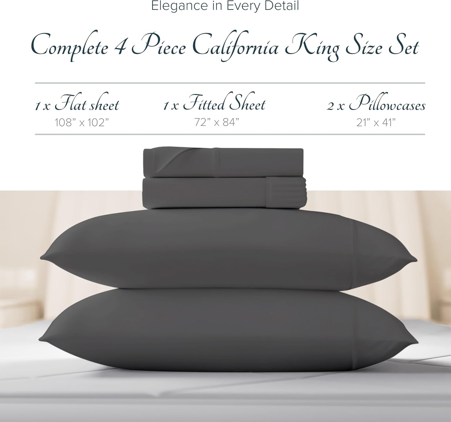 Carressa Linen 100% Egyptian Cotton Sheets California King Size - Luxury 1500 Series Heliconia Collection Egyptian Cotton Cal King Sheet Set (4 PC, Dark Grey), Cooling Sateen Hotel Quality Sheets
