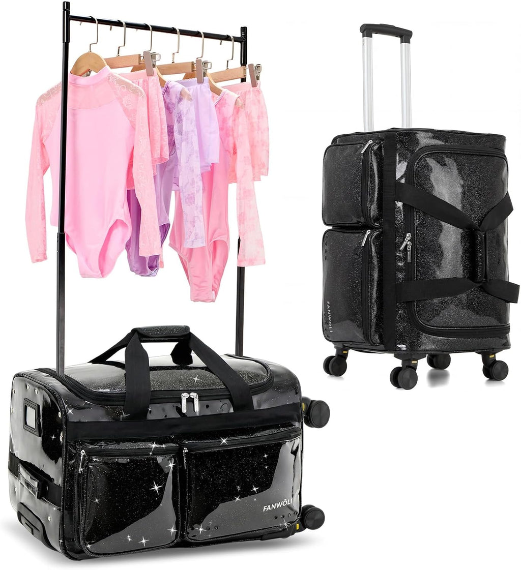 Fanwoli 23' Rolling Dance Duffel Bag with Garment Rack | Detachable 4-Spinner Wheels | Waterproof Glitter Fabric | Competition Travel Luggage for Cheerleader, Skating, Gymnast & Sleepover | Black
