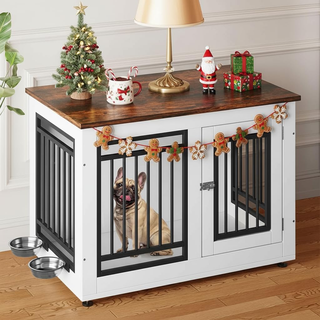 YITAHOME 35' Dog Crate Furniture, Wooden Side End Table with Adjustable Feet and Removable Bowls, Dog Kennel Indoor for Small Medium DogsV