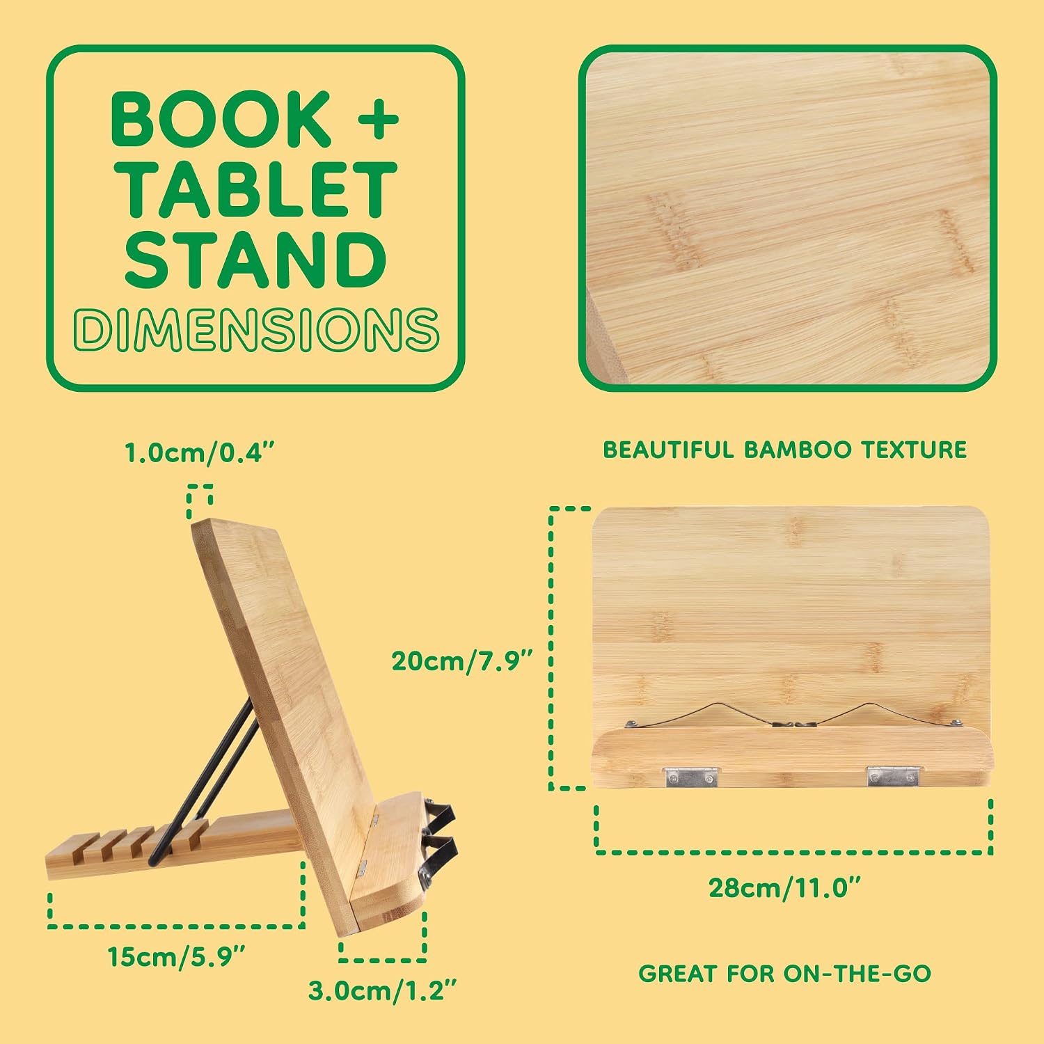 BambooMN Universal Bamboo Book Stand, for Cookbooks, Reading, Cell Phone, Art, Sheet Music, Tablet - Portable and Foldable with 5 Position Adjustable Tilt - 30 Units