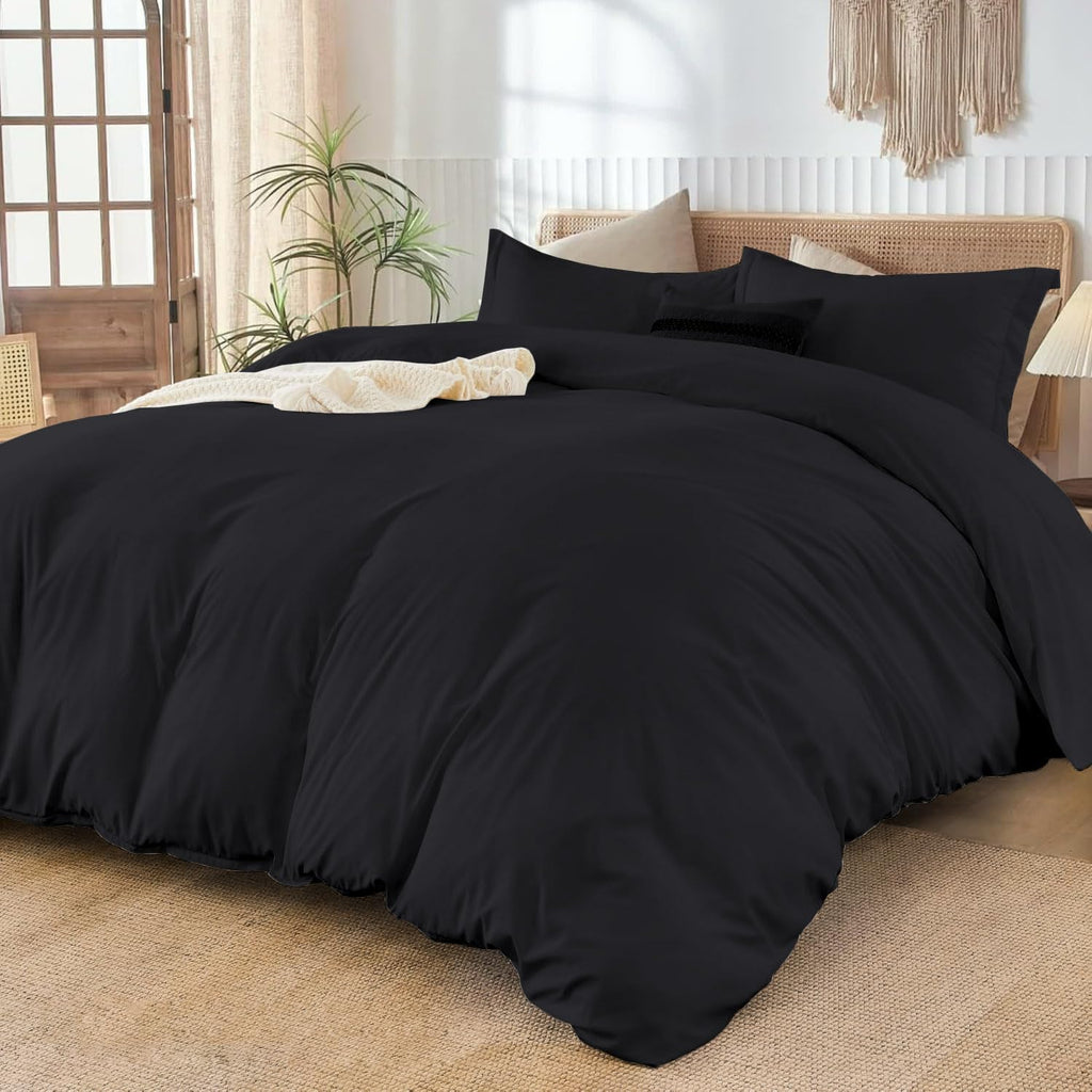 800TC 3 Sided Zipper Duvet Cover Set Soft Egyptian Cotton 3 Sided Zipper Closure, 3 PCS 1-Duvet Cover & 2- Pillow Shams - Oversize Queen Size (98' x 98') Inches, (Solid Black)