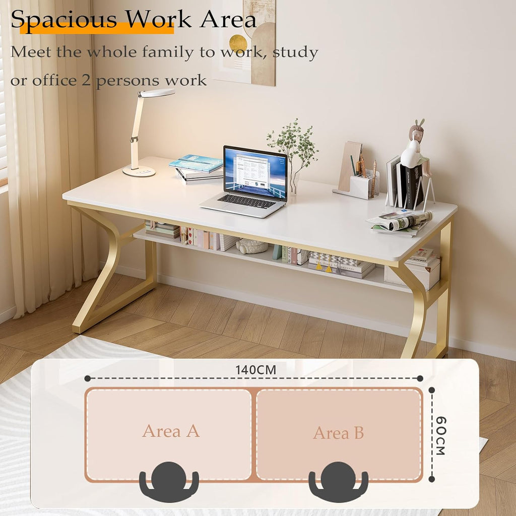 OSCHF Double Long Desk with Bookshelf - 55' Extra Long Writing Table for 2-Person Workstation, Modern Study Work Computer Desk for Home and Office, Gold