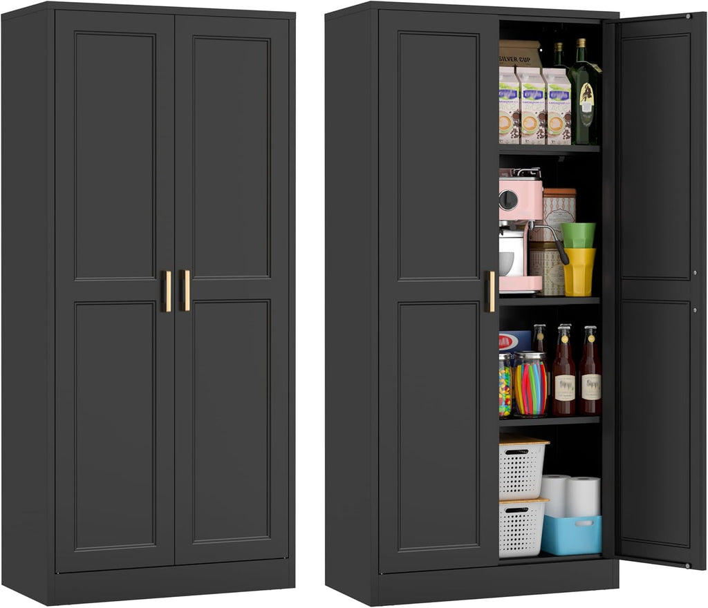 60' Tall Metal Pantry Cabinet, Black Kitchen Pantry Storage Cabinet with Doors and 3 Adjustable Shelves, Cupboard for Kitchen, Dining Room, Living Room, Bathroom