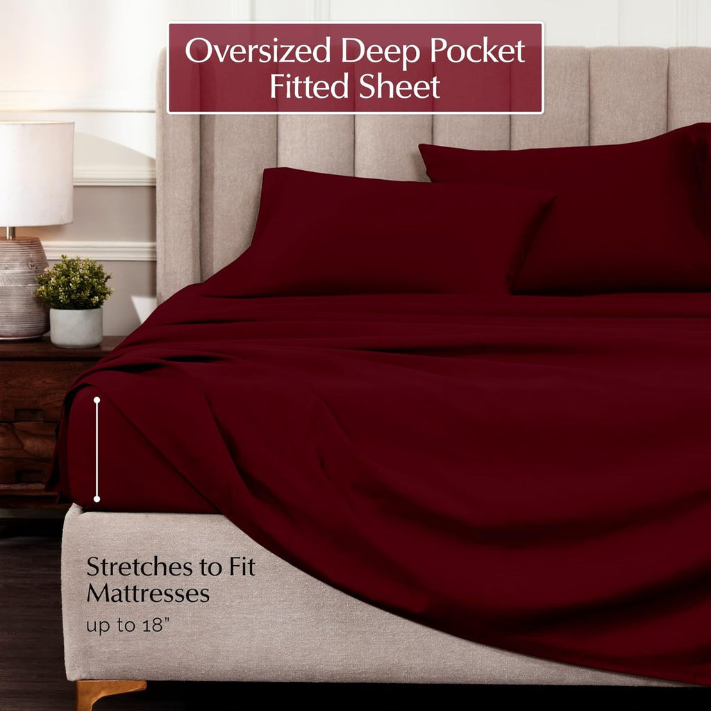 Superior Egyptian Cotton 4 Piece Sheet Set, Luxury 1000 Thread Count, Modern Design, Sustainable Sheets, Ultra-Soft Basics, Solid, Deep Pocket Fitted Sheet, Flat Sheet, Pillowcases, Queen, Burgundy