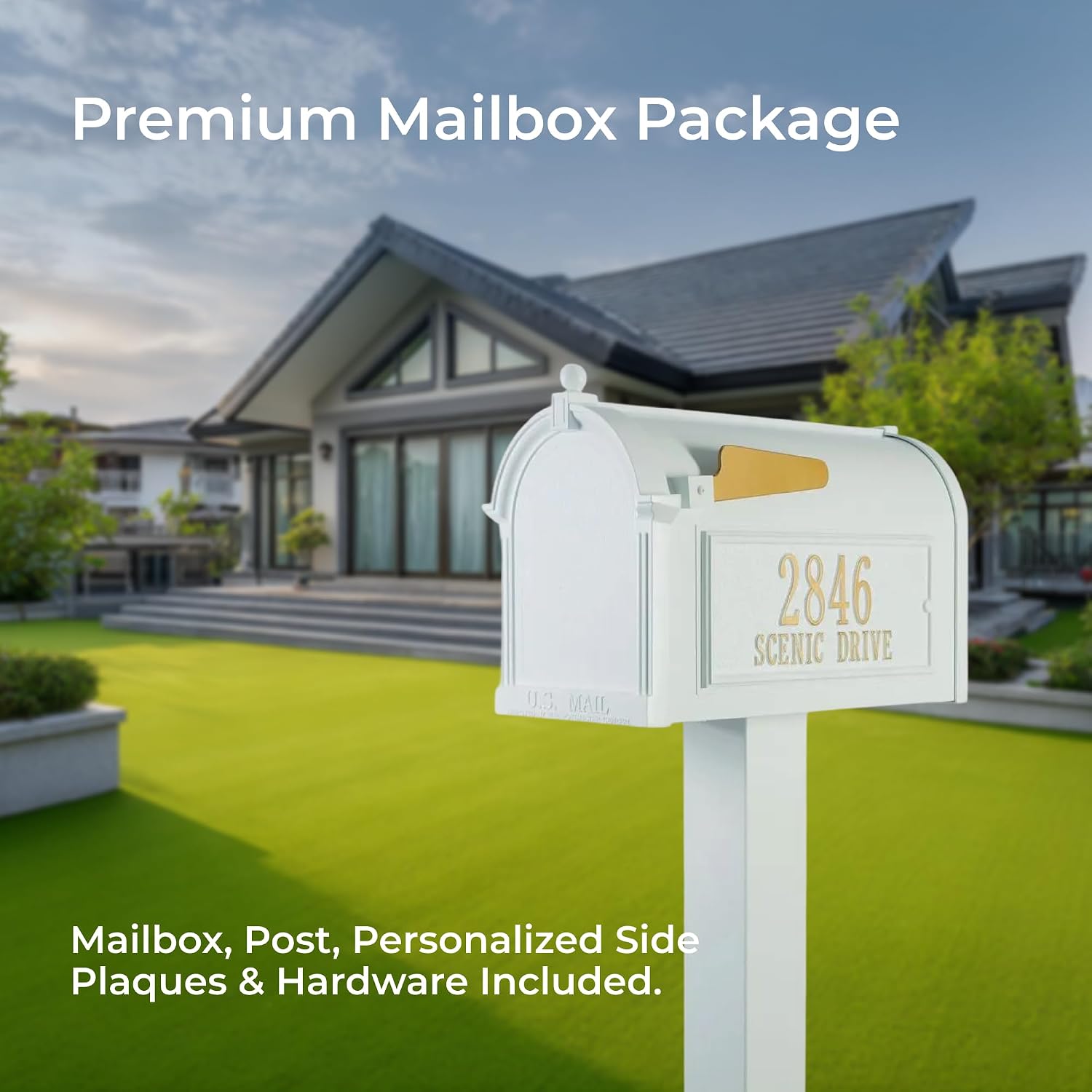Whitehall Products Premium Capitol Mailbox Package with Personalized Side Plaques | Standard Post Fashion and Function with a Classic Design. While Enhancing The Curb Appeal of Your Home. White