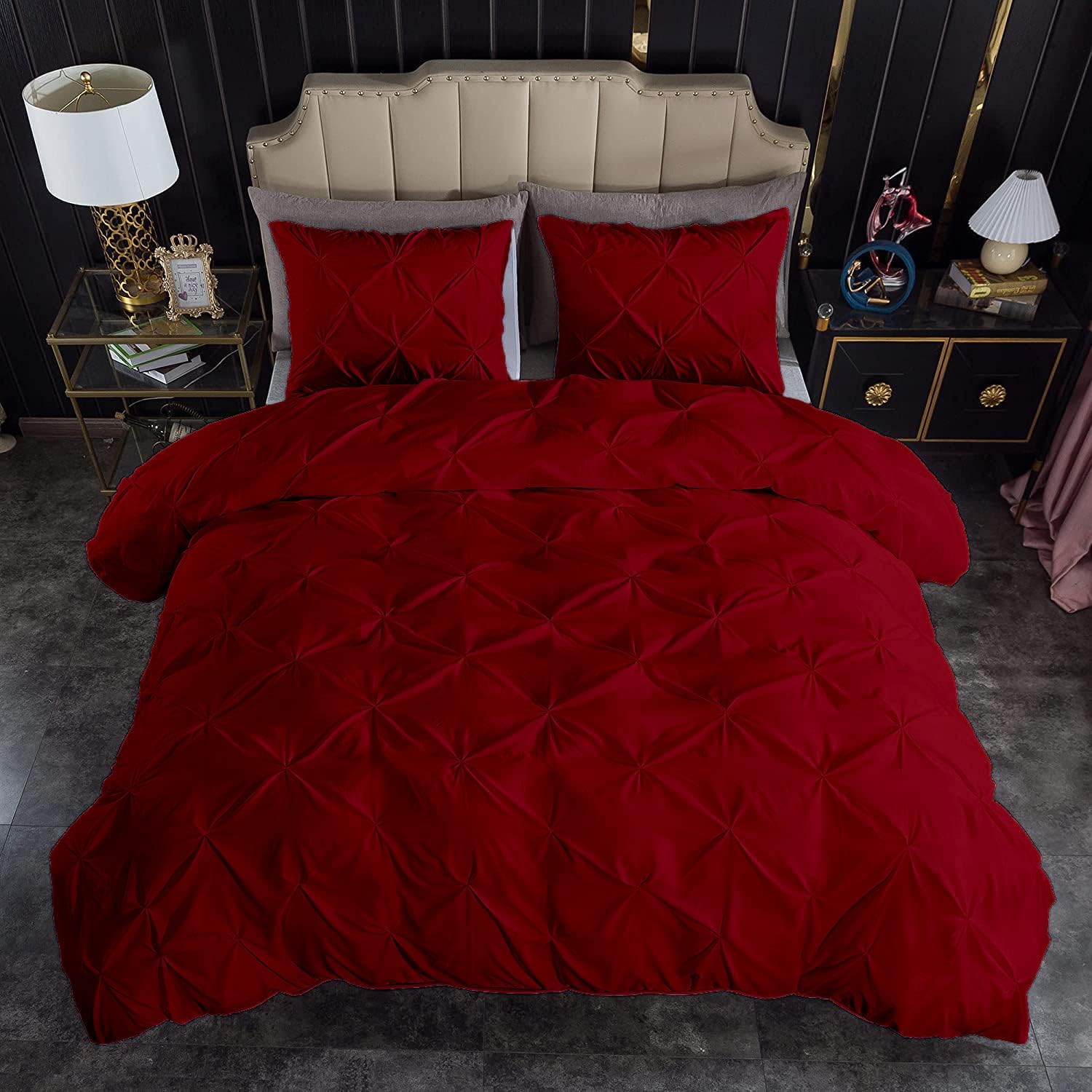 Pinch Pleated 3pc Duvet Cover Set 100% Egyptian Cotton 1000-TC Zipper & Corner Ties Rectangle Pattern Decorative Pintuck (All Queen 90x90 Size, Burgundys)