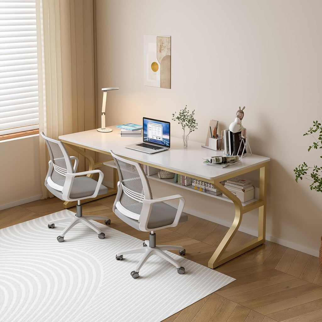 OSCHF Extra Long Desk with Bookshelf - 63' Double Long Writing Table for 2-Person Workstation, Modern Study Work Computer Desk for Home and Office, Gold