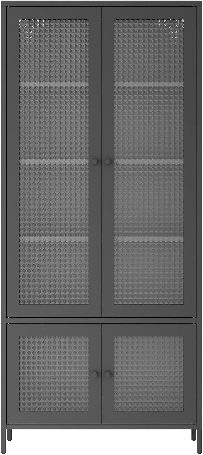 Large Metal Storage Cabinet Display Cabinet with 4 Glass Doors 5 Shelves Side Cabinet Bookcase Freestanding Cabinet for Bedroom Living Room Pantry Home Office - Black, Waffle-Grids Tempered Glass
