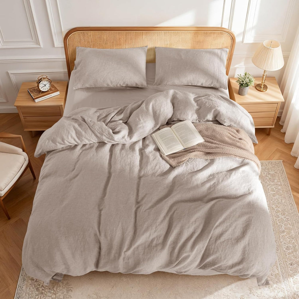LBRO2M 100% France Linen Duvet Cover Set 3 Pcs Including 1 Flax Comforter Cover with Zipper Closure, 2 Pillowcase, Cozy Duvet Cover Queen Size, Linen Color