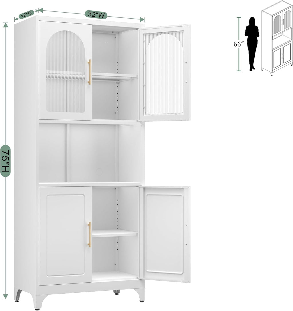 75' Metal Kitchen Pantry Storage Cabinet,Kitchen Hutch Food Pantry Cabinet with Microwave Stand,Freestanding Larder Cupboard with Doors and Adjustable Shelves for Living Room
