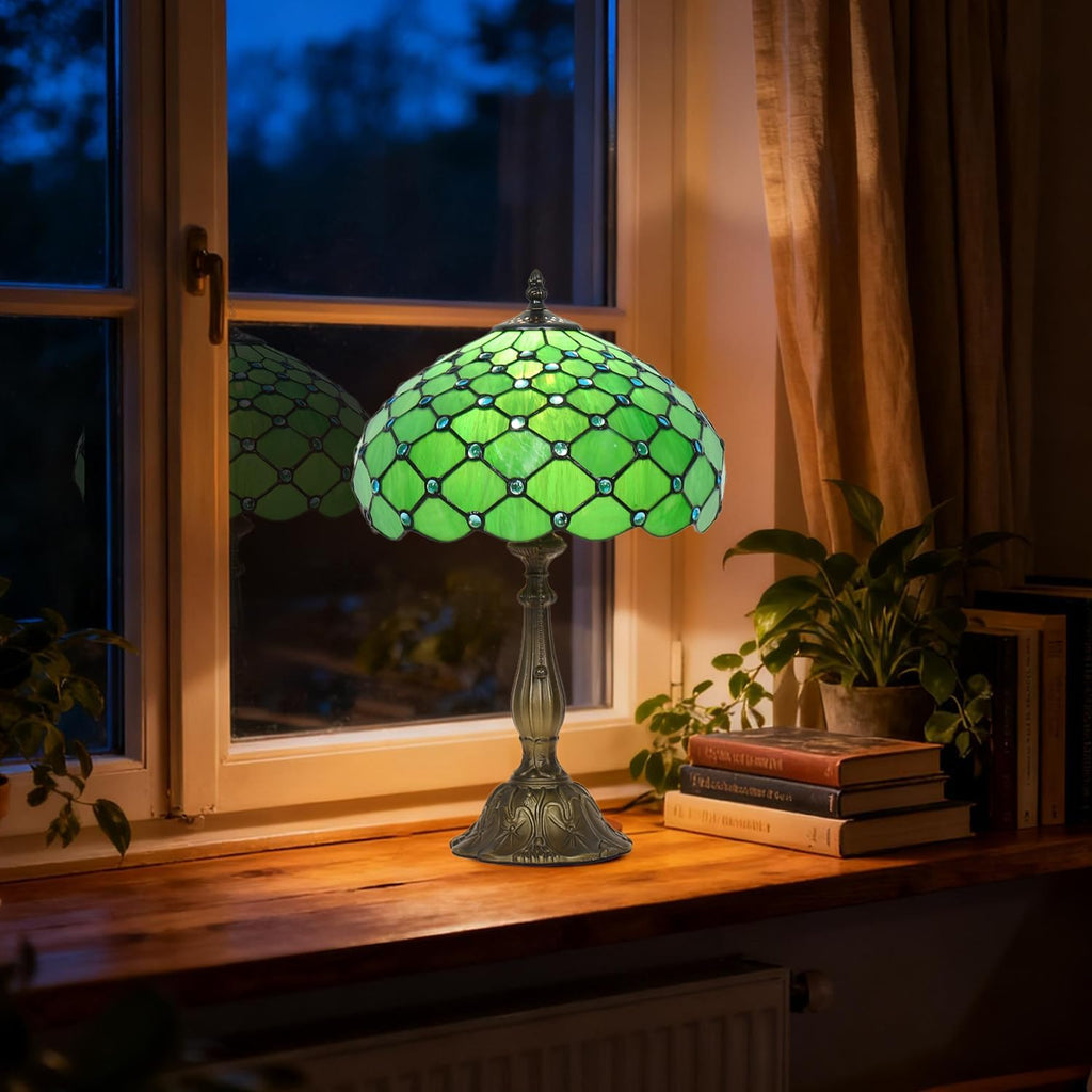 Stained Glass Table Lamp,Green Pearl Style Lamp,12X12X19 Inch Reading Light,Vintage Glass Desk Light for Living Room Bedroom