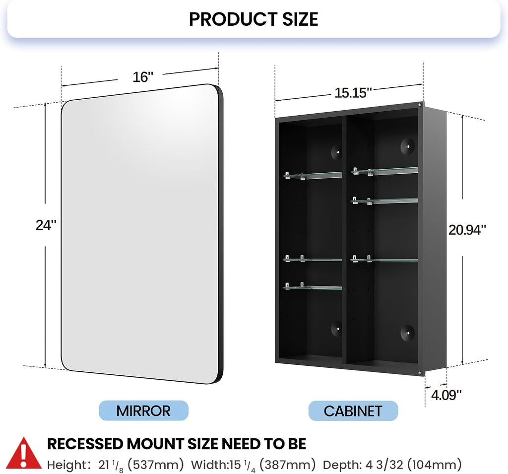 Modern Bathroom Mirror with Storage 16x24 Inch, Matte Black Aluminum Medicine Cabinet, Recessed or Surface Mount, 6 Adjustable Glass Shelves, Waterproof Vanity Organizer, DTC Hinges