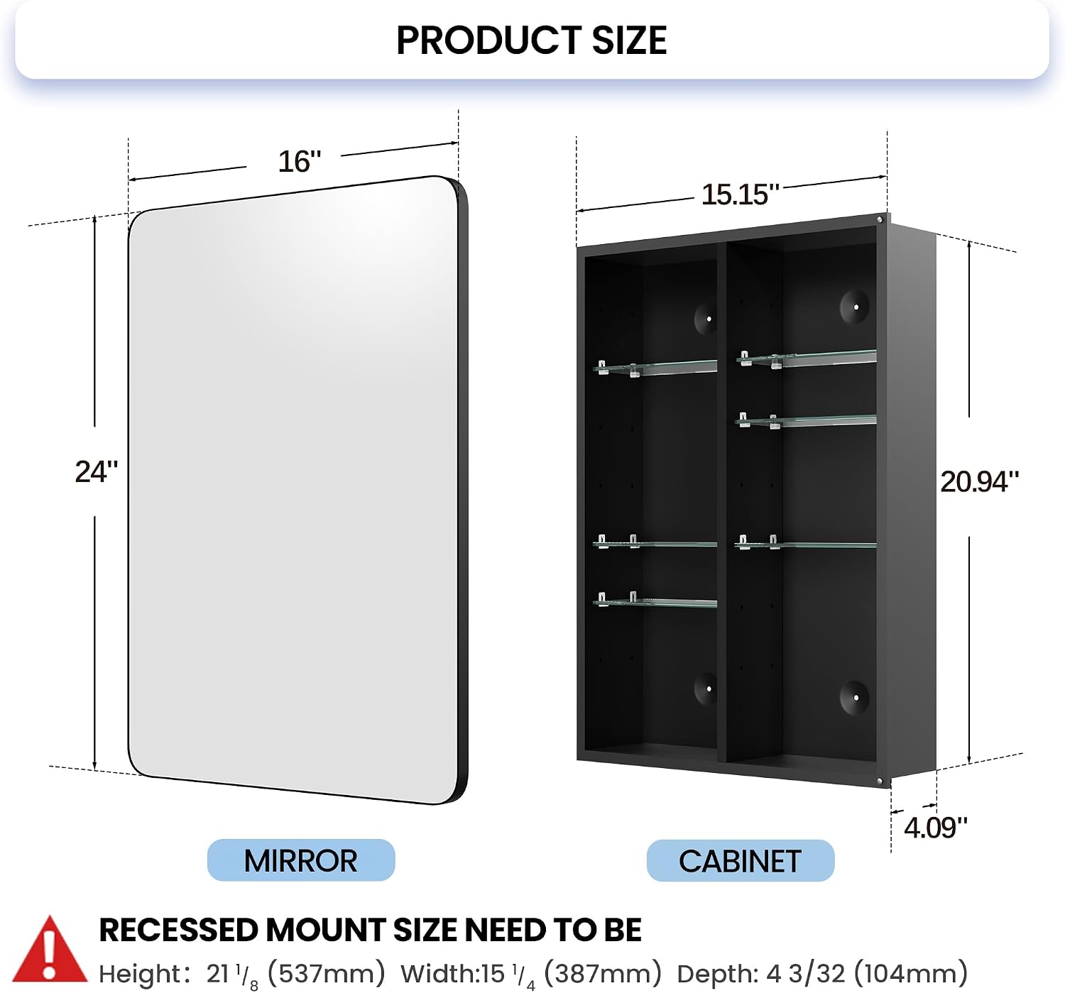 Modern Bathroom Mirror with Storage 16x24 Inch, Matte Black Aluminum Medicine Cabinet, Recessed or Surface Mount, 6 Adjustable Glass Shelves, Waterproof Vanity Organizer, DTC Hinges