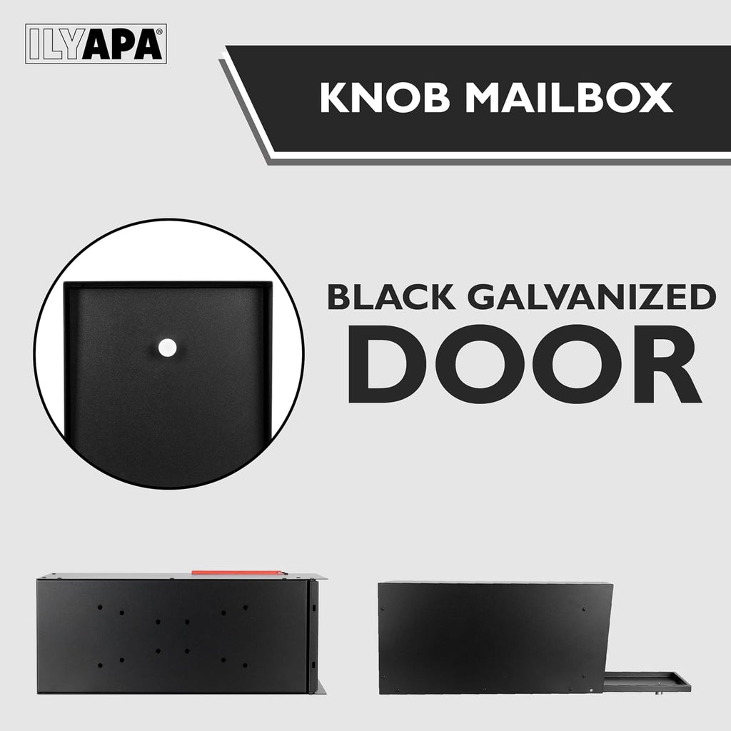 Ilyapa Post Mount Modern Mailbox - Black Exterior Powder Coated, Letterbox with Recessed Magnetic Close Door