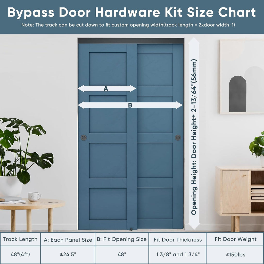 JUBEST 4FT/48 Heavy Duty Bypass Door Hardware with Soft Close Mechanism, Sturdy Closet Door Track for 2 Door System, Quietly and Smoothly, Fit Door Thickness 1 3/8' or 1 3/4', Easy to Install, Black