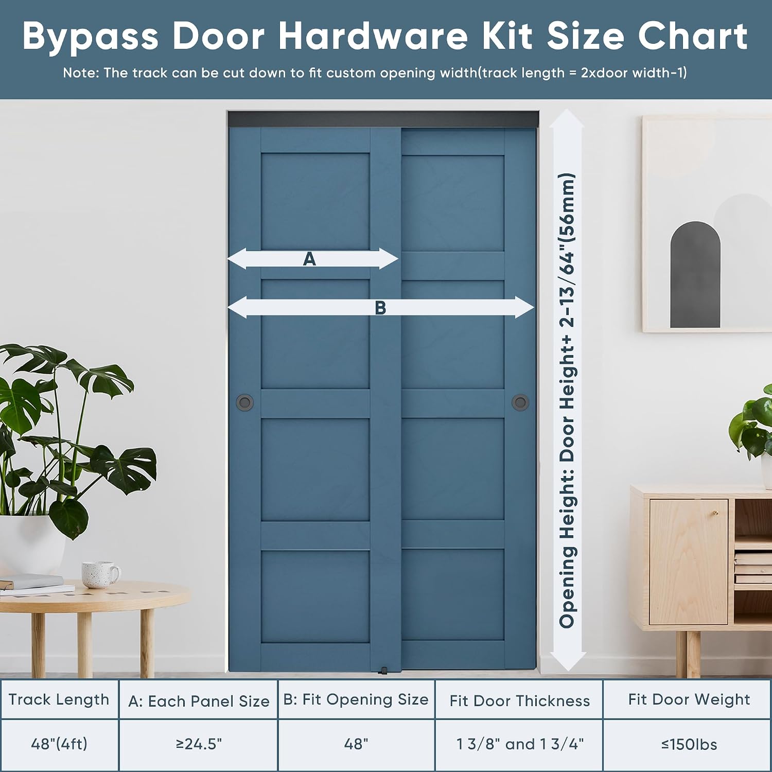 JUBEST 4FT/48 Heavy Duty Bypass Door Hardware with Soft Close Mechanism, Sturdy Closet Door Track for 2 Door System, Quietly and Smoothly, Fit Door Thickness 1 3/8' or 1 3/4', Easy to Install, Black