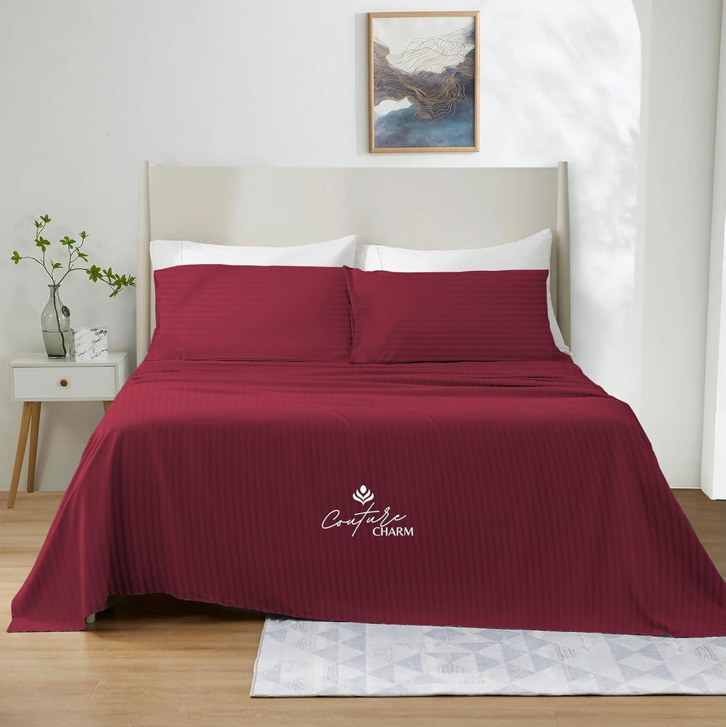 Queen Size 1000 Thread Count 100% Egyptian Cotton Sheet Set, 4-Piece, Sateen Weave, with 10-12' Deep Pocket Snug Fit (Stripe, Burgundy)