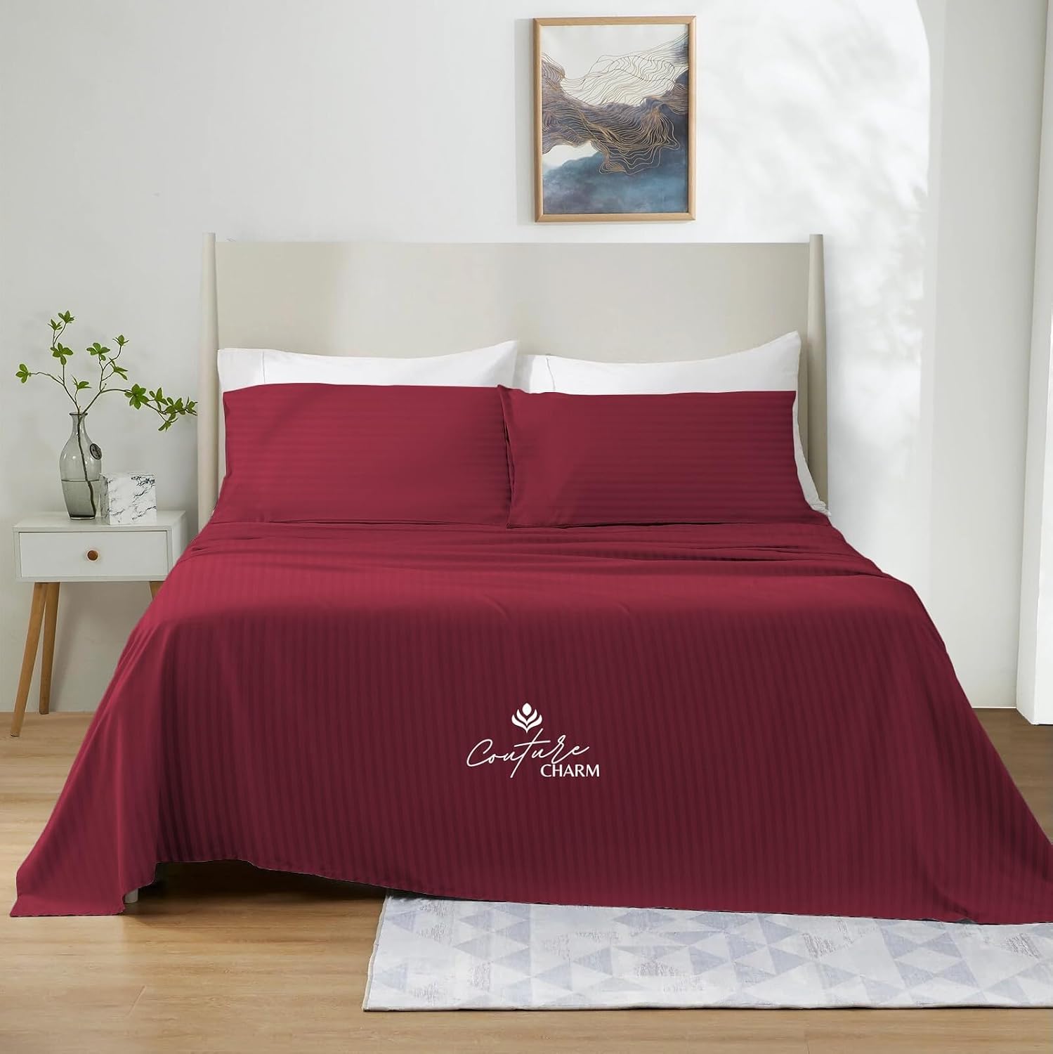 Queen Size 1000 Thread Count 100% Egyptian Cotton Sheet Set, 4-Piece, Sateen Weave, with 10-12' Deep Pocket Snug Fit (Stripe, Burgundy)