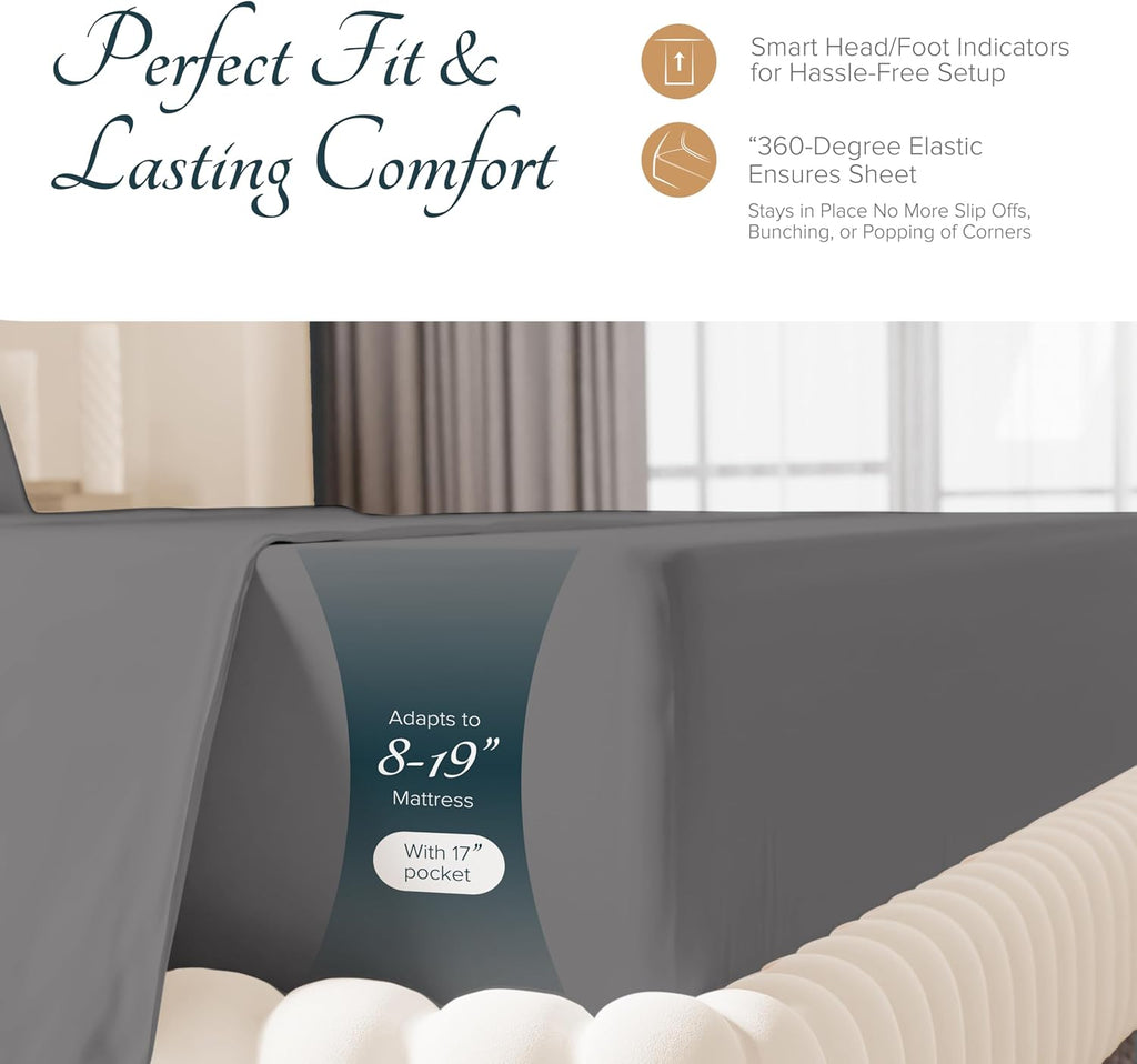 Carressa Linen 100% Egyptian Cotton King Size Sheets Set - Luxury 1500 Series Heliconia Collection Egyptian Cotton Sheets King Size (4 PC, Dark Grey), 17' Deep Pocket, Sateen Hotel Quality Bedding
