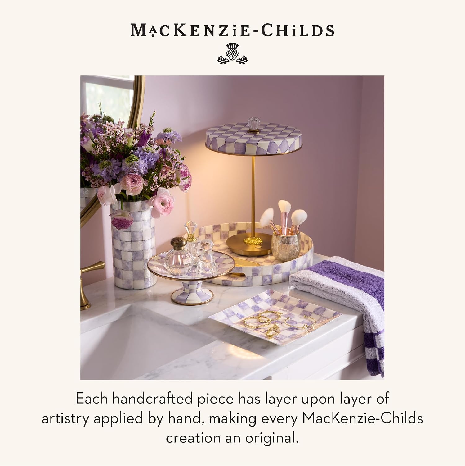MACKENZIE-CHILDS Candlestick Lamp, Decorative Lamp for Living Room or Bedroom, Purple-and-White Violet Check