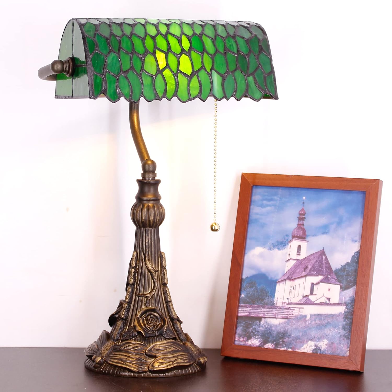 Tiffany Banker Lamp Small Stained Glass Table Lamp Tiffany Style Piano Light Green Wisteria Leaf Style Desk Lamp Angle Adjustable 10.6X15.7 Inch for Home Office Living Room Bedroom