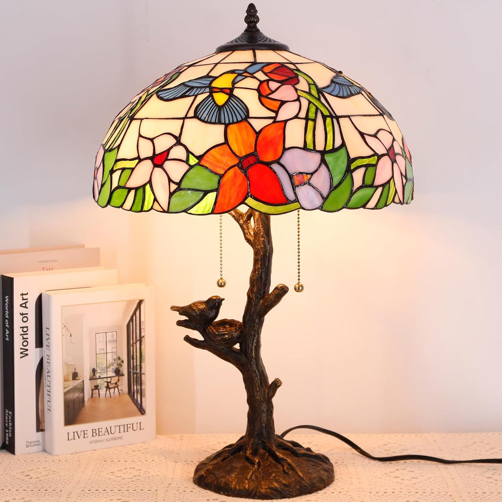 Large Tiffany Lamp Shade Replacement Only 16Inch Stained Glass Lampshade Fit For Table Lamps FLoor Lamp Ceiling Fixture Pendant Hanging Light Home Office Decoration (Cream Amber Hummingbird)