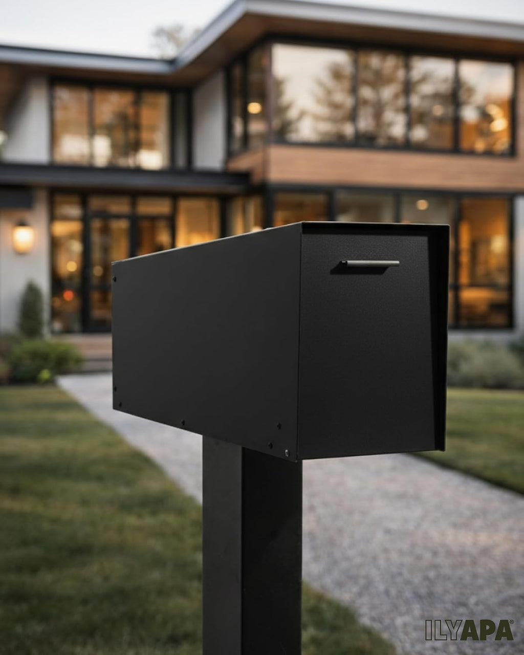 Ilyapa Locking Mailbox with Lock and Key Modern Mailboxes for Outside Post Mount - Black Powder Coated Steel, All Weather & Corrosion Resistant, Stainless Steel, Angled