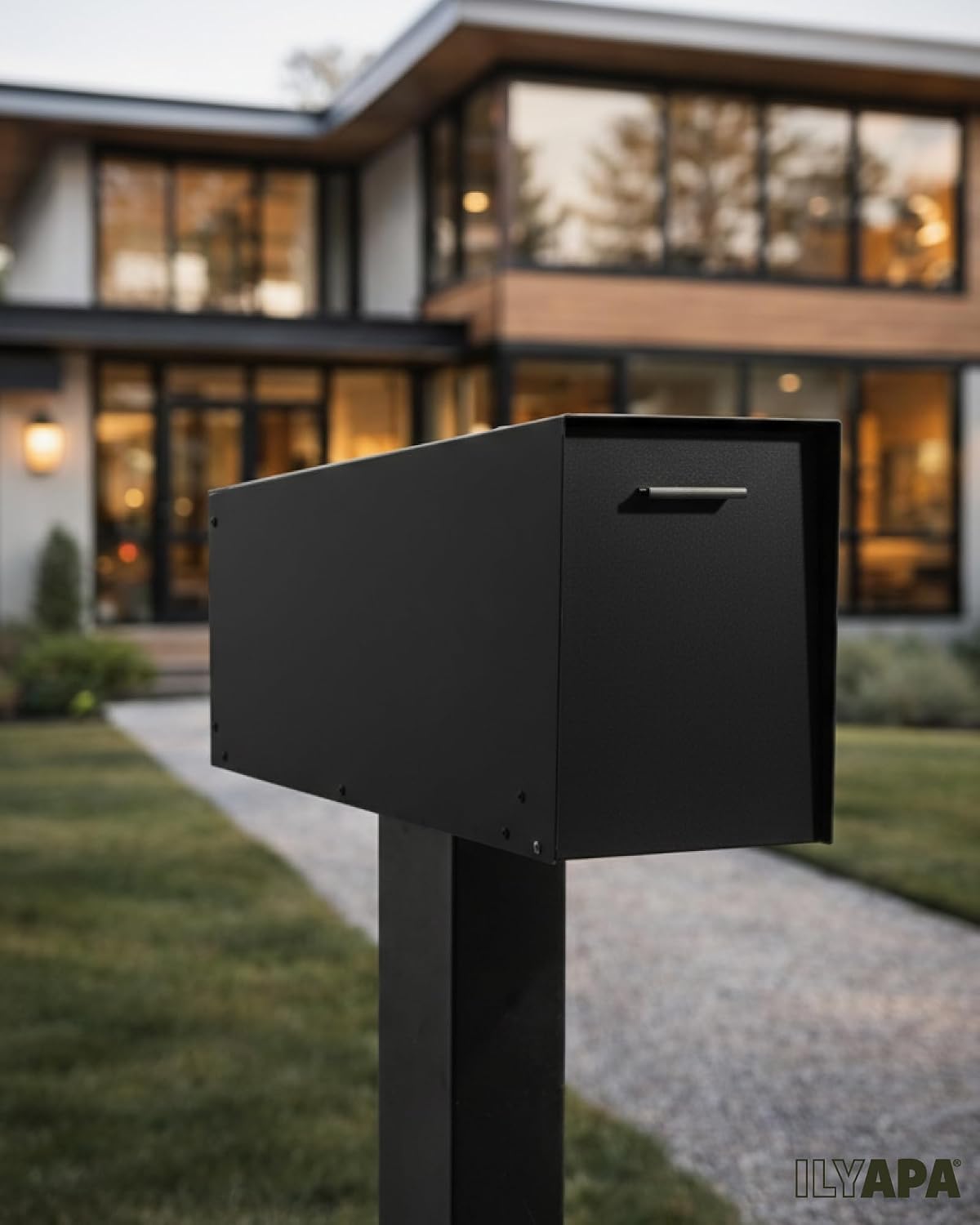 Ilyapa Locking Mailbox with Lock and Key Modern Mailboxes for Outside Post Mount - Black Powder Coated Steel, All Weather & Corrosion Resistant, Stainless Steel, Angled