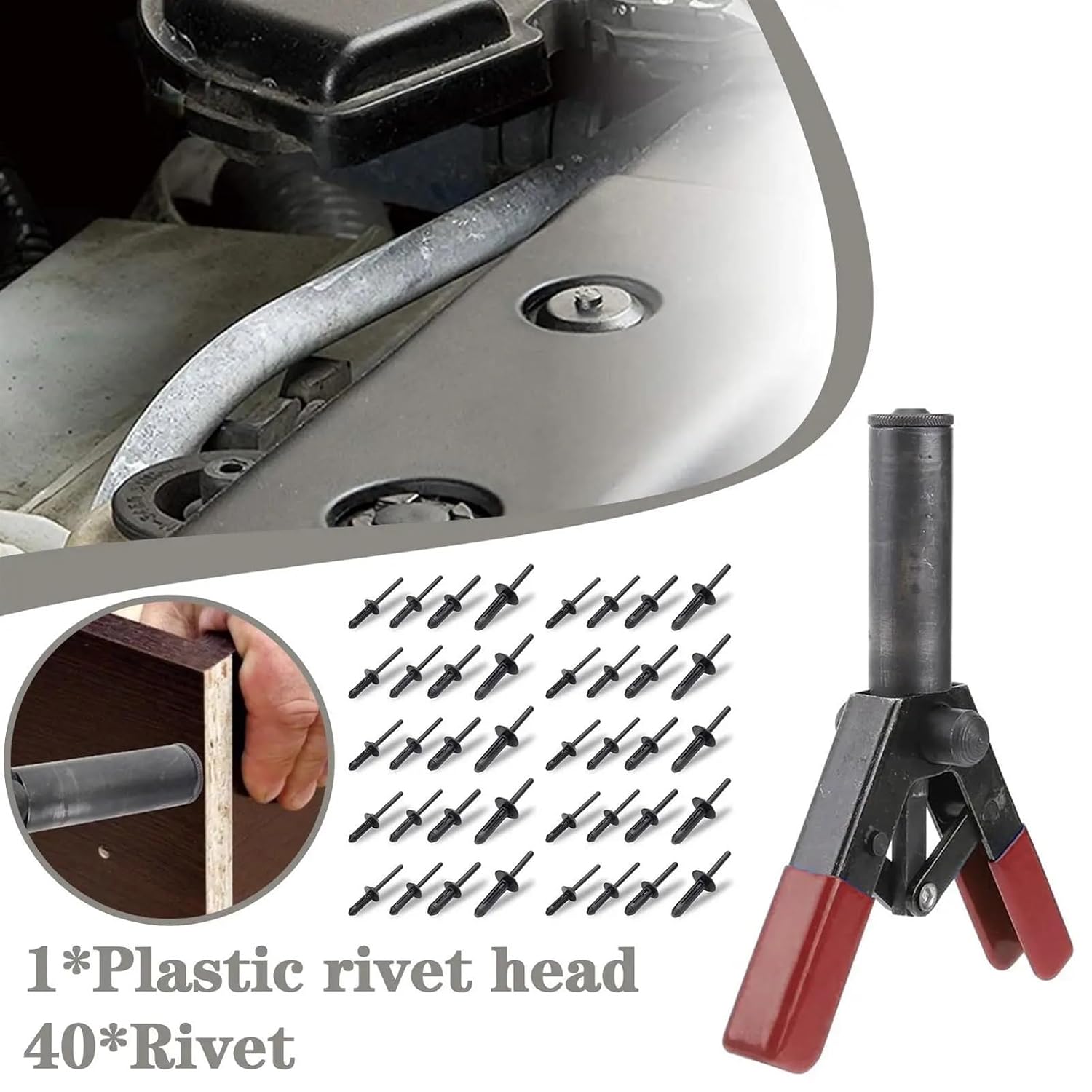 Plastic Rivet Gun 7 Inch Poly Hand Riveter Kit for Fastening Door Panels & Automotive Trim with 40 Pieces of Plastic POM Ri O8U1, Black
