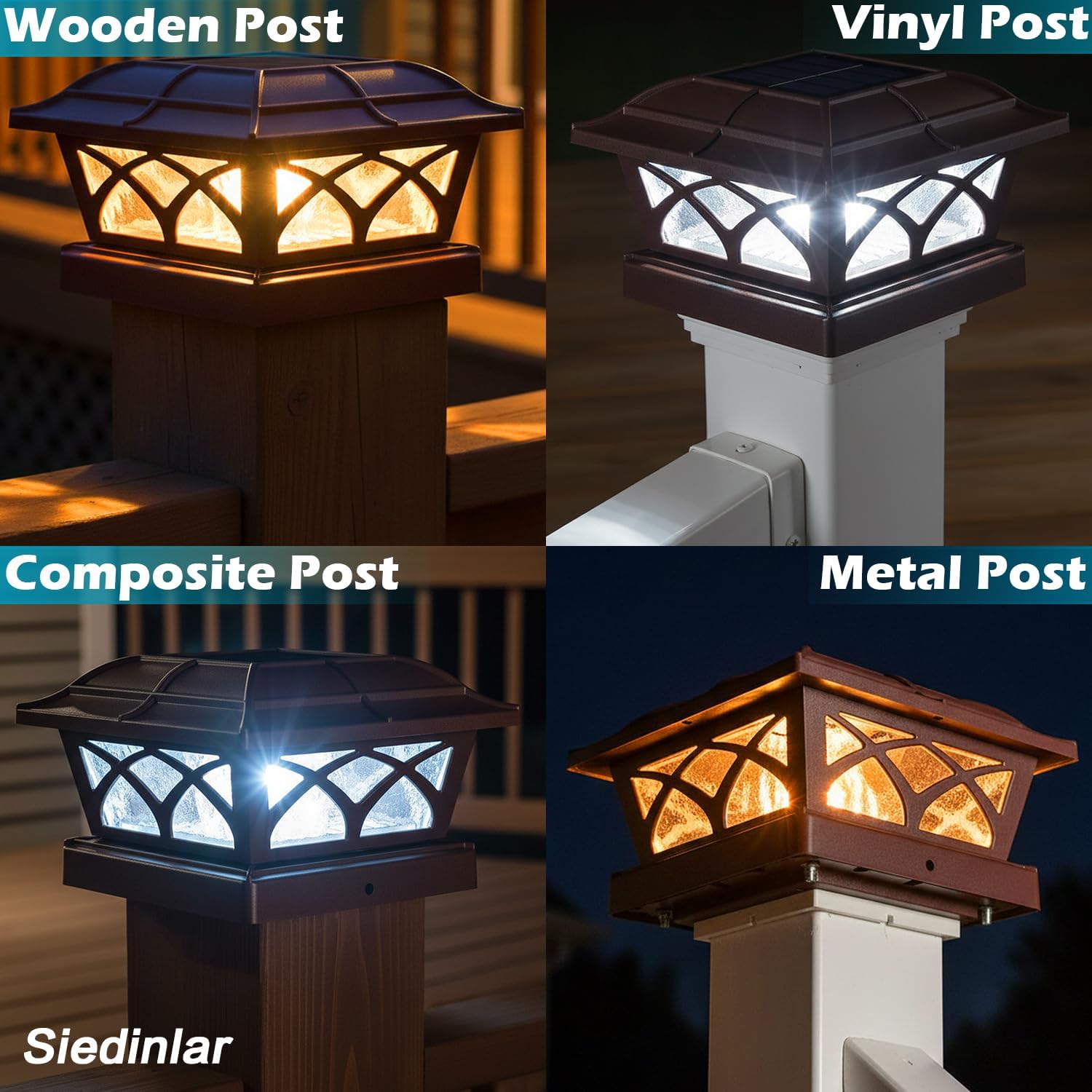 SIEDiNLAR Solar Post Cap Lights Outdoor Glass 2 Color Modes 8 LEDs for 4x4 5x5 6x6 Wooden Vinyl Posts Deck Fence Patio Decoration Warm White & Cool White Lighting Brown (10 Pack)