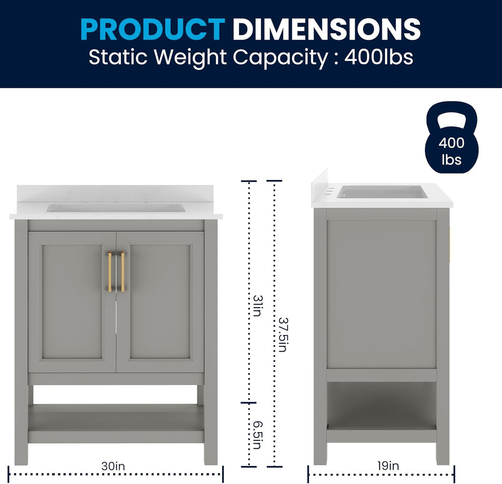 Flash Furniture Vega 30 Inch Bathroom Vanity with Sink Combo, Storage Cabinet with Soft Close Doors and Open Shelf, Carrara Marble Finish Countertop, Gray/White