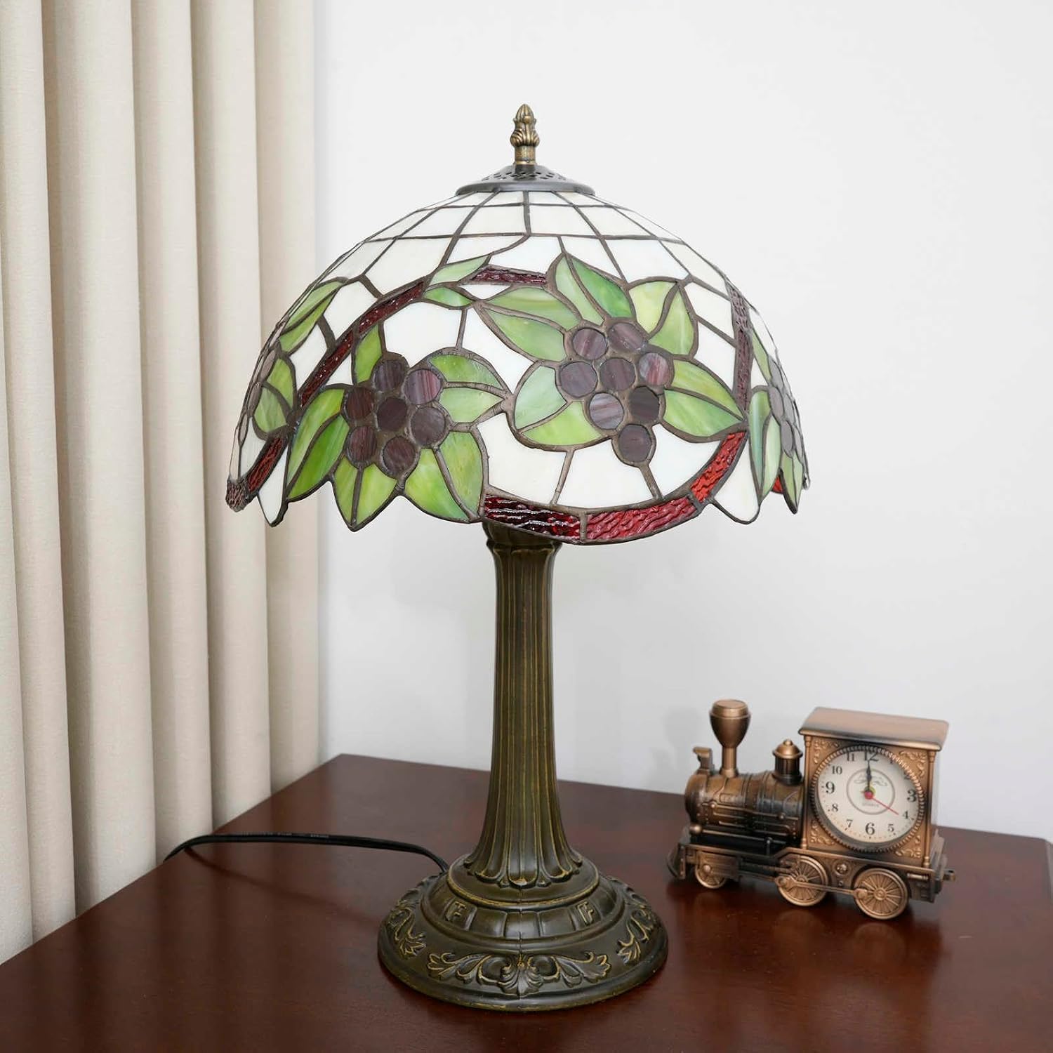 Tiffany Style Table Lamp with Green Leaf Red Grapes Stained Glass Lamp 12 Inch for Bedroom Bedside Lamp Kitchen Living Rooms end Bar Hotel Reading Vintage Art Lampshade Decor LED Desk Light