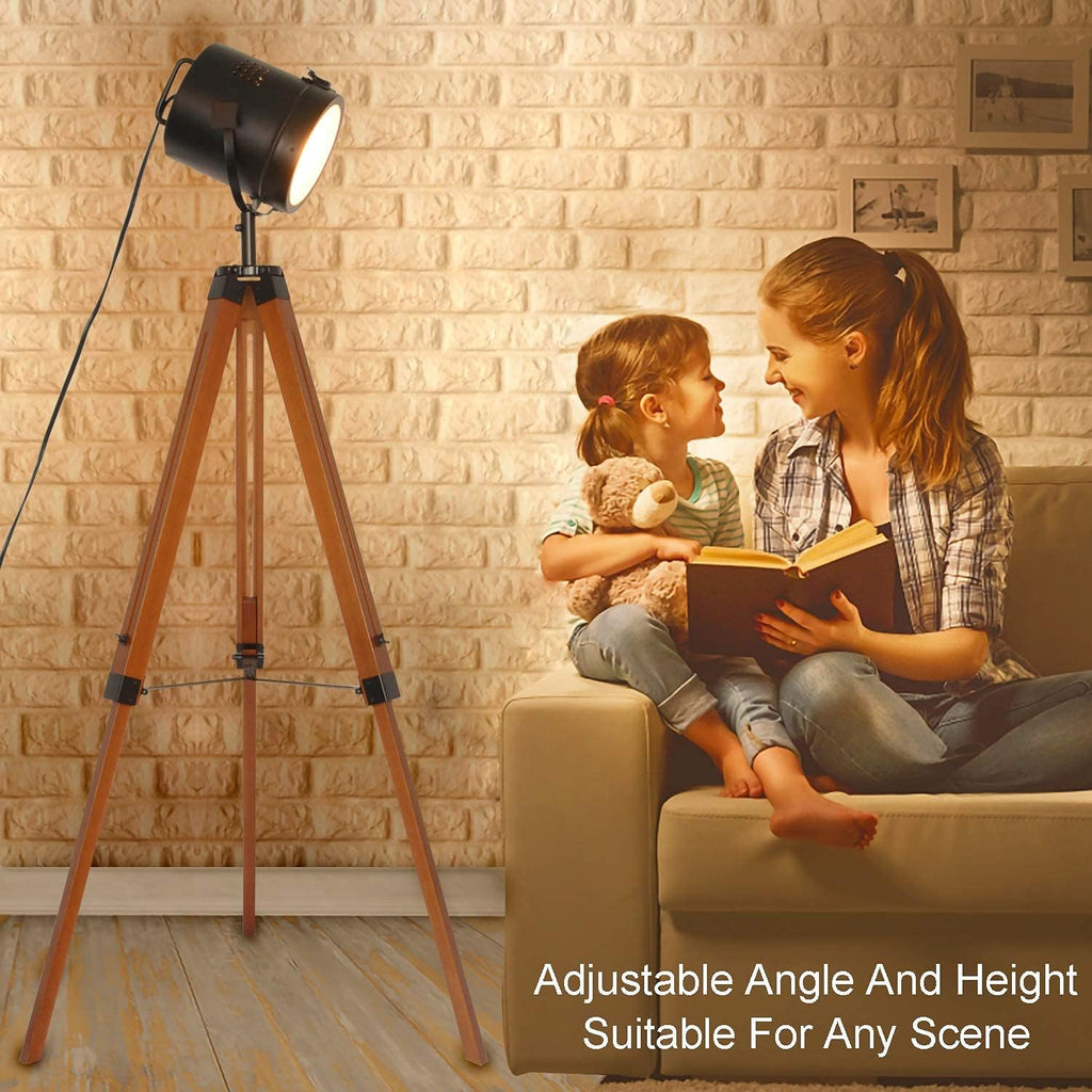 DEC LUCE DECOLUCE LIGHTING Vintage Industrial Tripod Floor Lamp - Adjustable Spotlight for Living Room & Bedroom | Wooden & Metal Design | Perfect for Office, Cinema, Dorm | Black (Bulb Not Included)