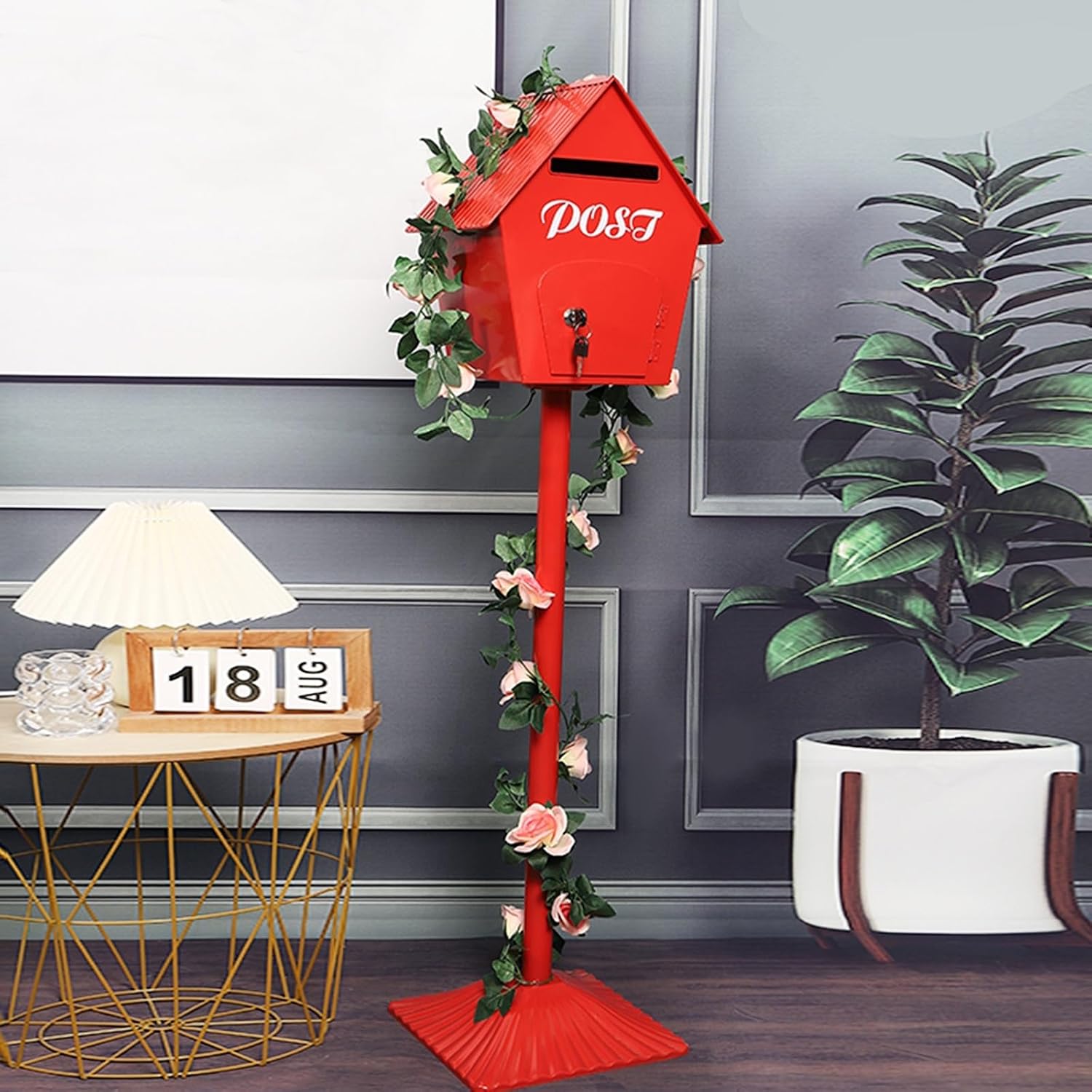 Key Drop Box Wall Mount Mailbox Mailboxes for Outside Wall Mount, Metal Mailbox, Complete System with Steel Mailbox and Aluminum Post Included(Red)