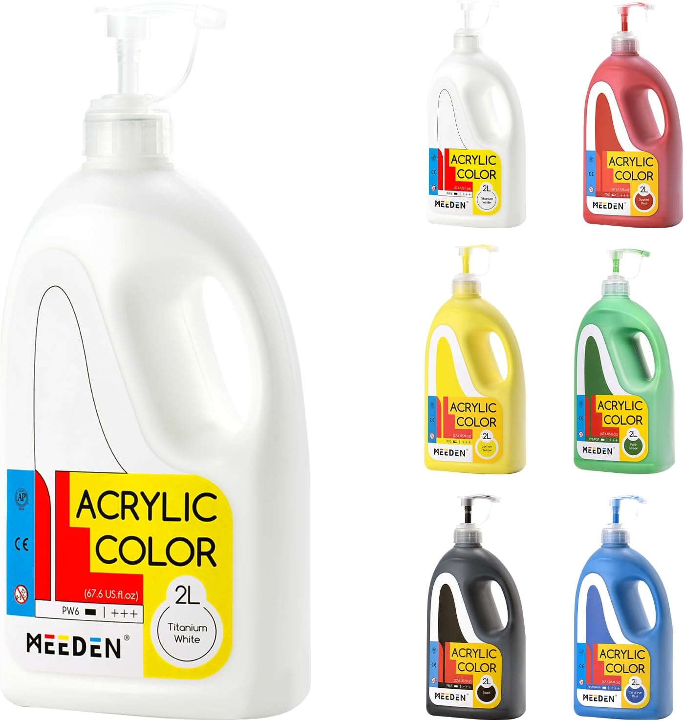 MEEDEN Bulk Acrylic Paint Set: 6 Basic Colors 1/2 Gallon (2L /67.6 oz.) Large Acrylic Paint with Pump Lid - Ideal for School & Studio