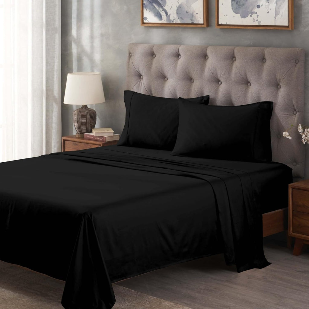 Superior Egyptian Cotton 300 Thread Count Bed Sheet Set, 2 Elastic Deep Pocket Fitted Sheets, 1 Flat Sheet, 2 Pillowcases, Daily Soft Sheets, Luxury, Plush, Home Essentials, Split King, Black