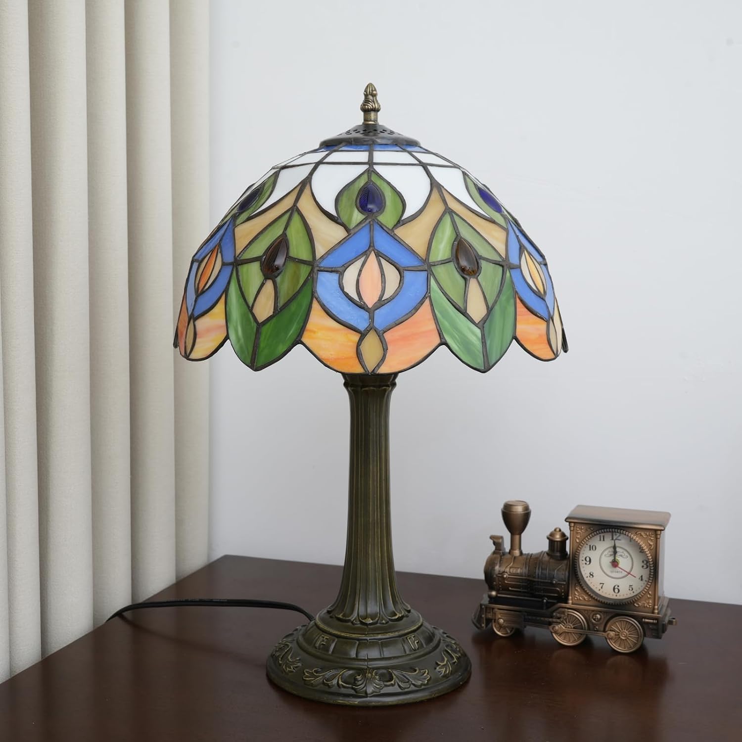 Tiffany Style Table Lamp With Retro Peacock Stained Glass Lamp 12 Inch Bronze Base Bedside Lamp Bedroom Living Rooms, Offices, Hotel Classics Luxury Style Decorative Ambient Light Bedside Lamp