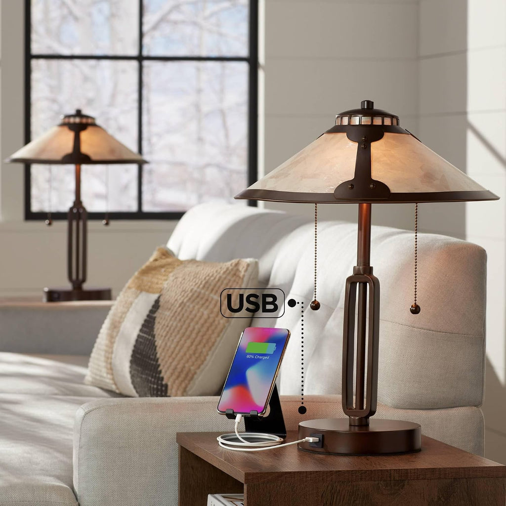 Franklin Iron Works Samuel Mission Rustic Desk Table Lamps 20' High Set of 2 with USB Charging Port Industrial Rubbed Bronze Mica Shade for Living Room Bedroom House Bedside Nightstand Home Office