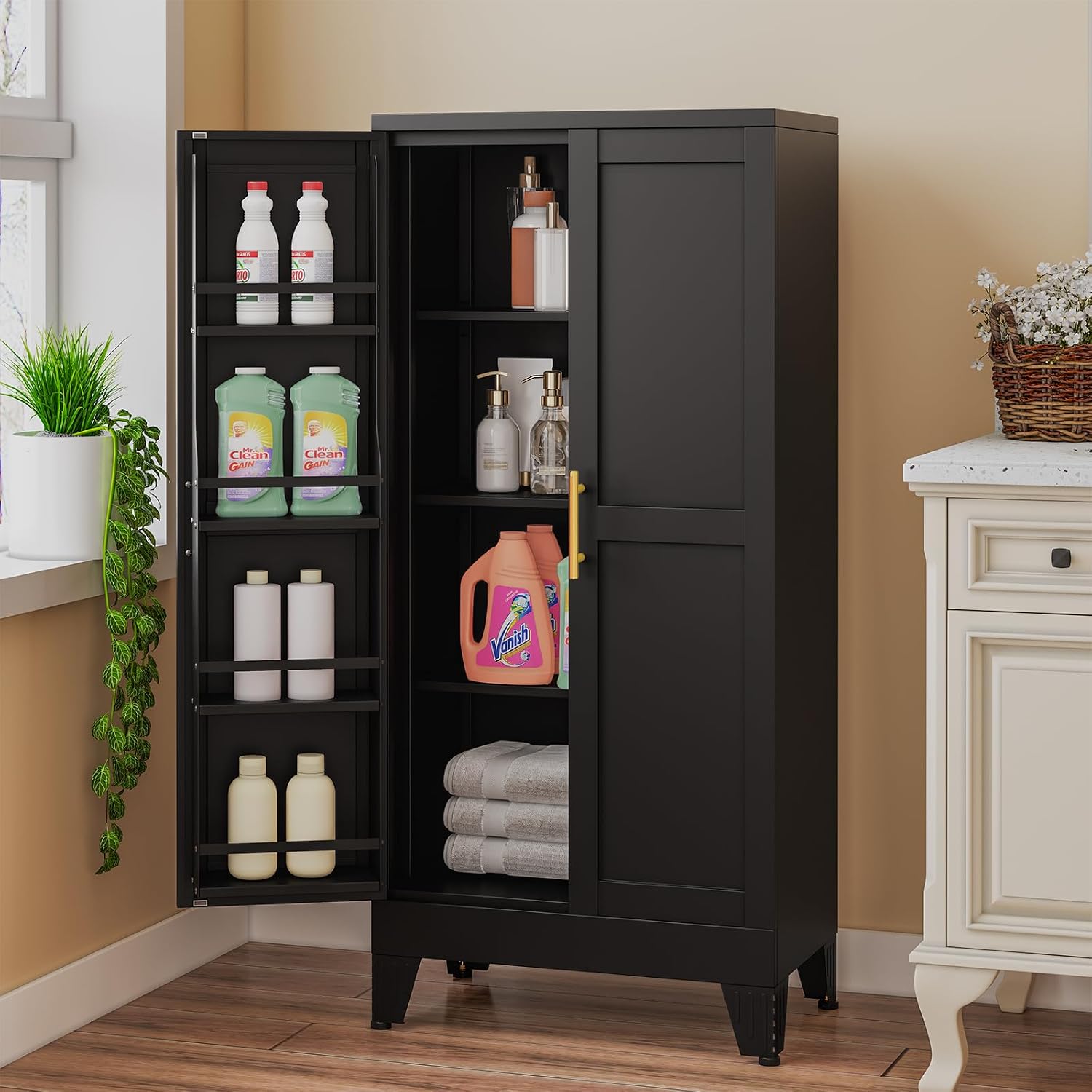 erosoei 51' H Metal Kitchen Pantry Storage Cabinet,Storage Cabinets with Doors and Adjustable Shelves,Freestanding Food Pantry Cabinet Cupboard for Living Room,Dinning Room (Black)
