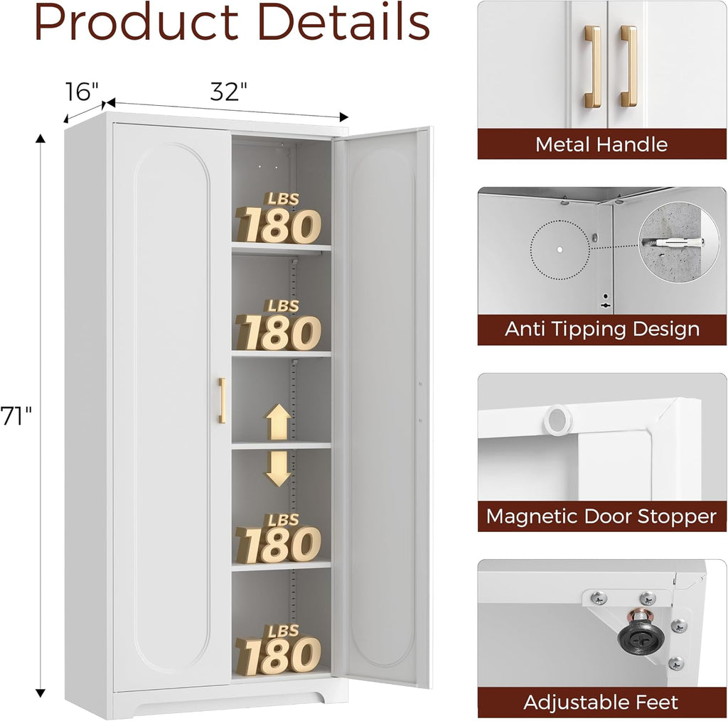 71' White Pantry Cabinet with Doors, Tall Metal Kitchen Pantry Storage Cabinet with 4 Adjustable Shelves and Gold Handles, Cupboard for Laundry, Dining Room, Living Room, Bathroom