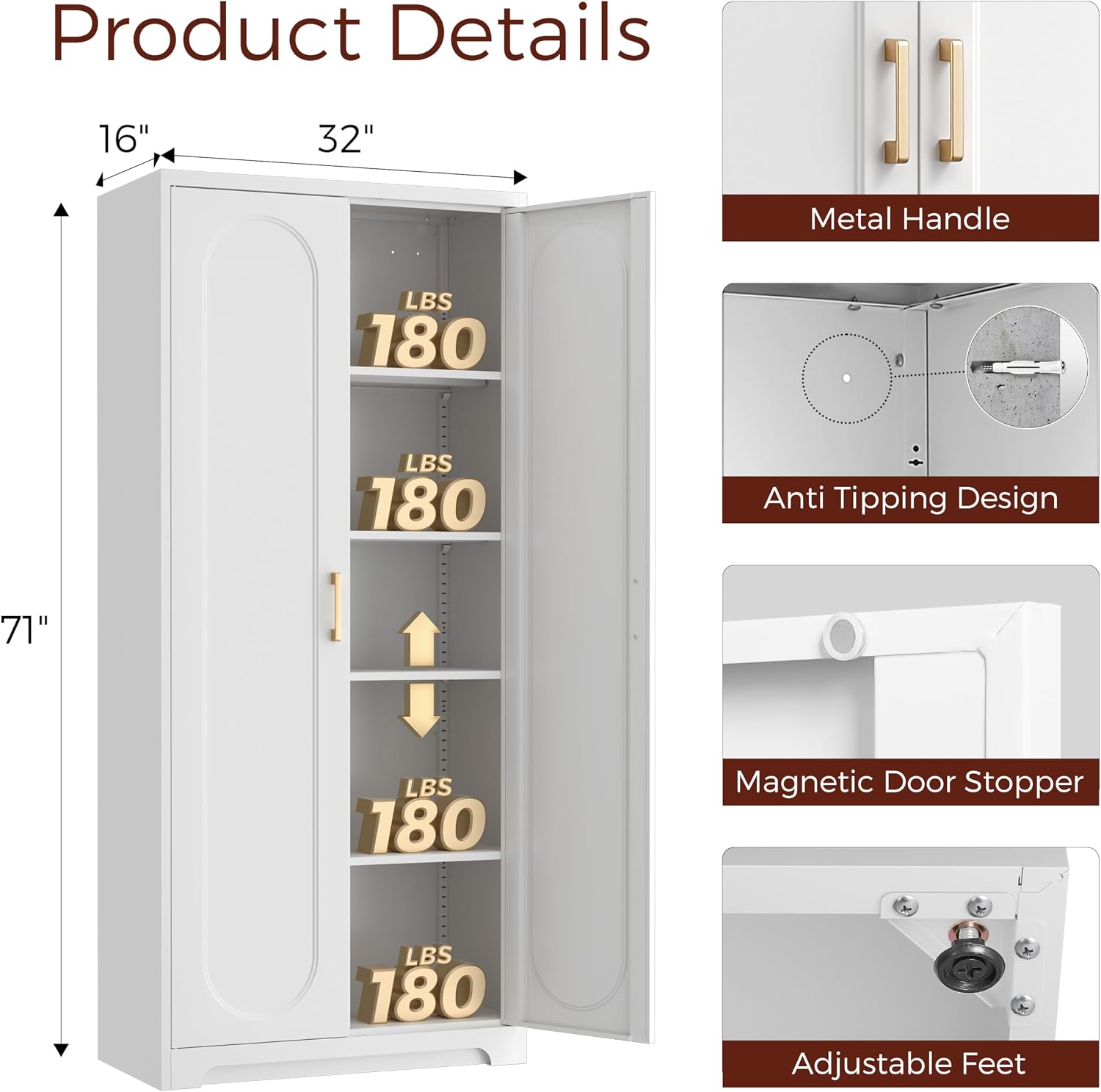 71' White Pantry Cabinet with Doors, Tall Metal Kitchen Pantry Storage Cabinet with 4 Adjustable Shelves and Gold Handles, Cupboard for Laundry, Dining Room, Living Room, Bathroom