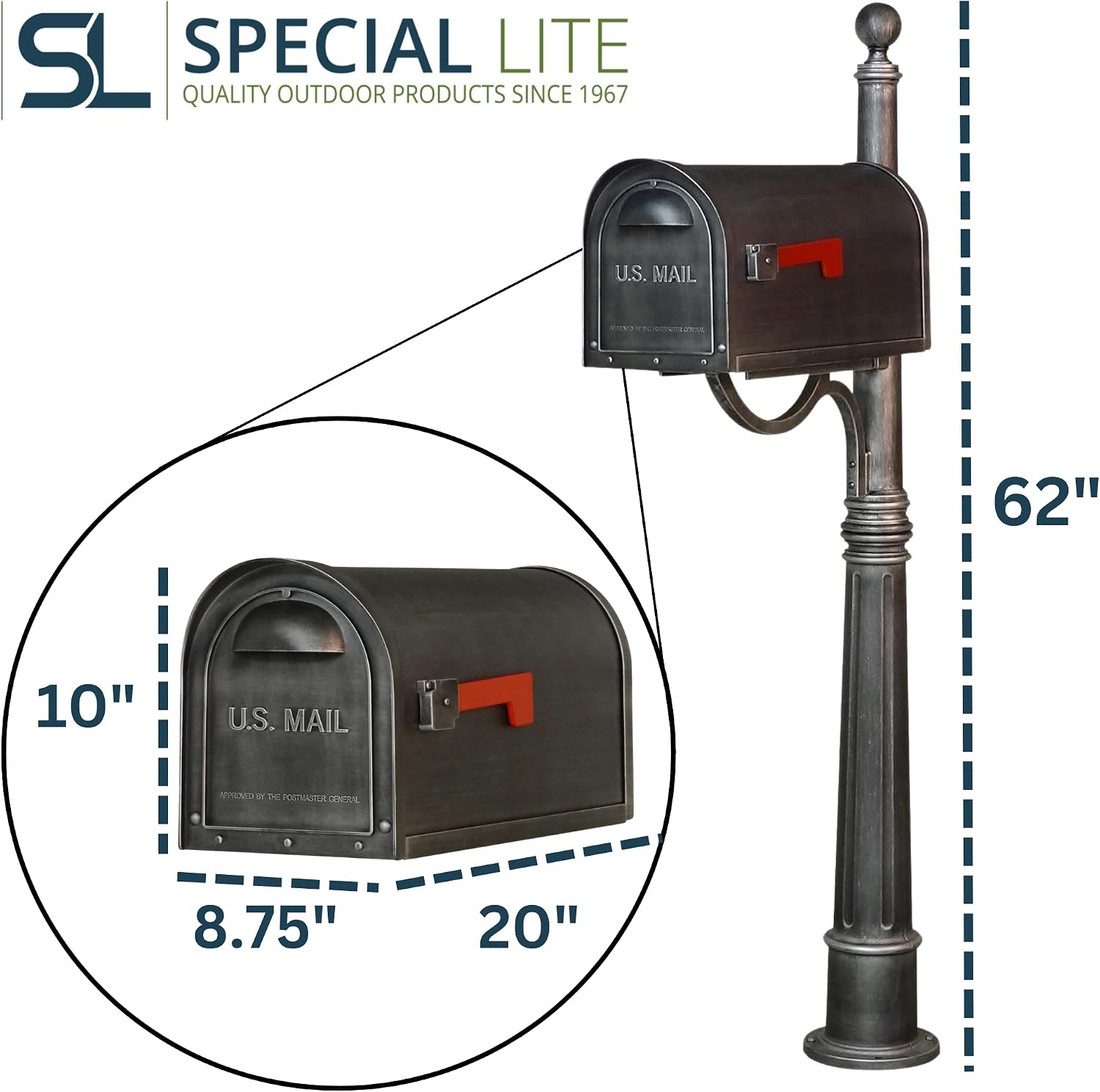 Special Lite Classic Curbside Mailbox with Aluminum Post - Swedish Silver Mailbox with Ashland Post - SCC-1008_SPK-600-SW
