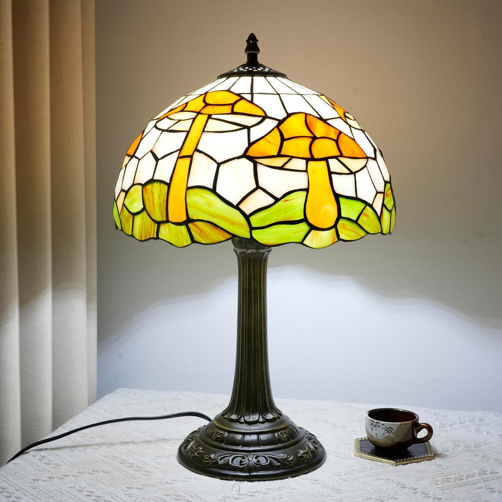 Tiffany Style Table Lamp with Brown Mushrooms Stained Glass Lamp 12 Inch Retro Bronze Base Bedside Lamp Living Rooms, Offices, Stores. Village Life Style Decorative Ambient Light Bedside Lamp